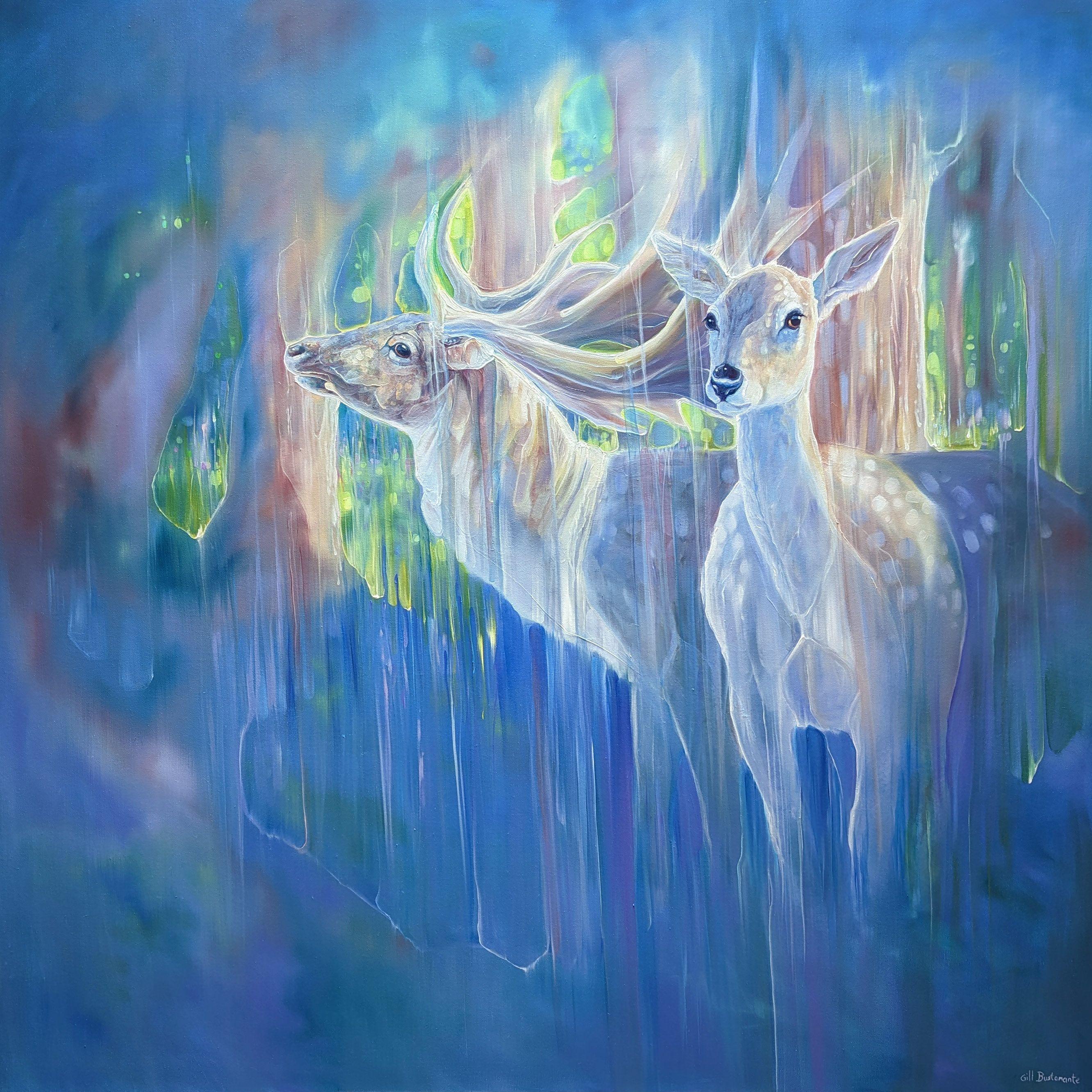 Divine Monarchs is a large semi-abstract wildlife painting of two deer in a bluebell wood in springtime. It is 48x48x1.5 inches. The painting was inspired by the months of April and May when the woodlands become carpeted in bluebells. I rarely spot