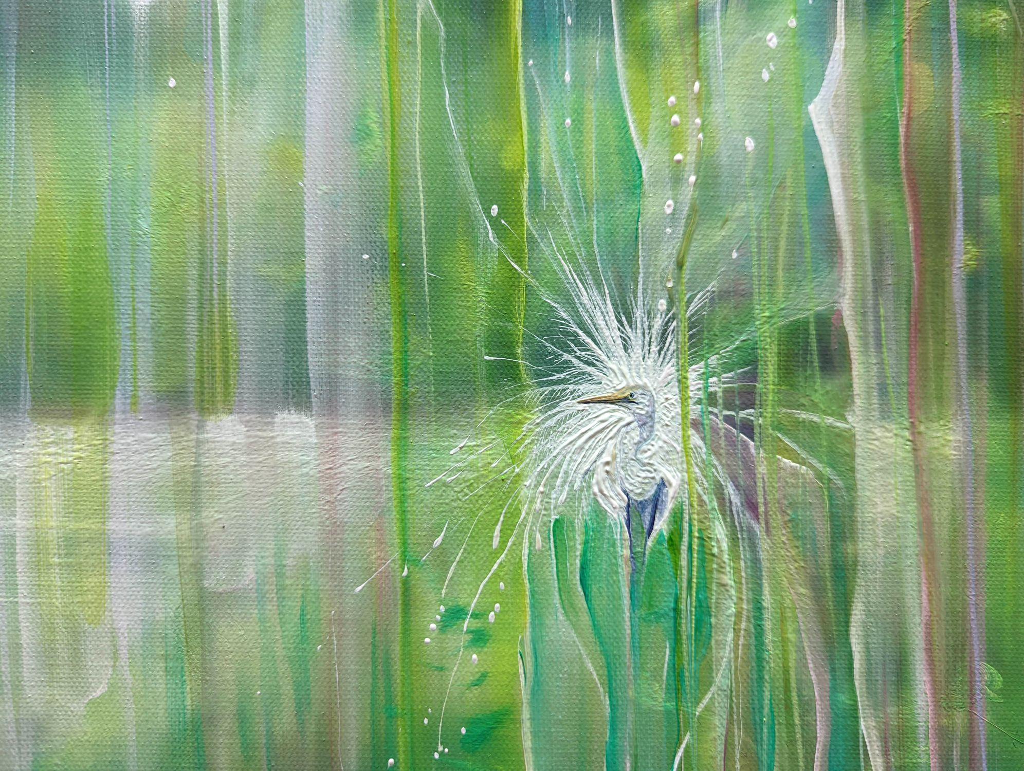 Émanation, abstraite verte avec aigret, peinture, huile sur toile - Contemporain Painting par Gill Bustamante