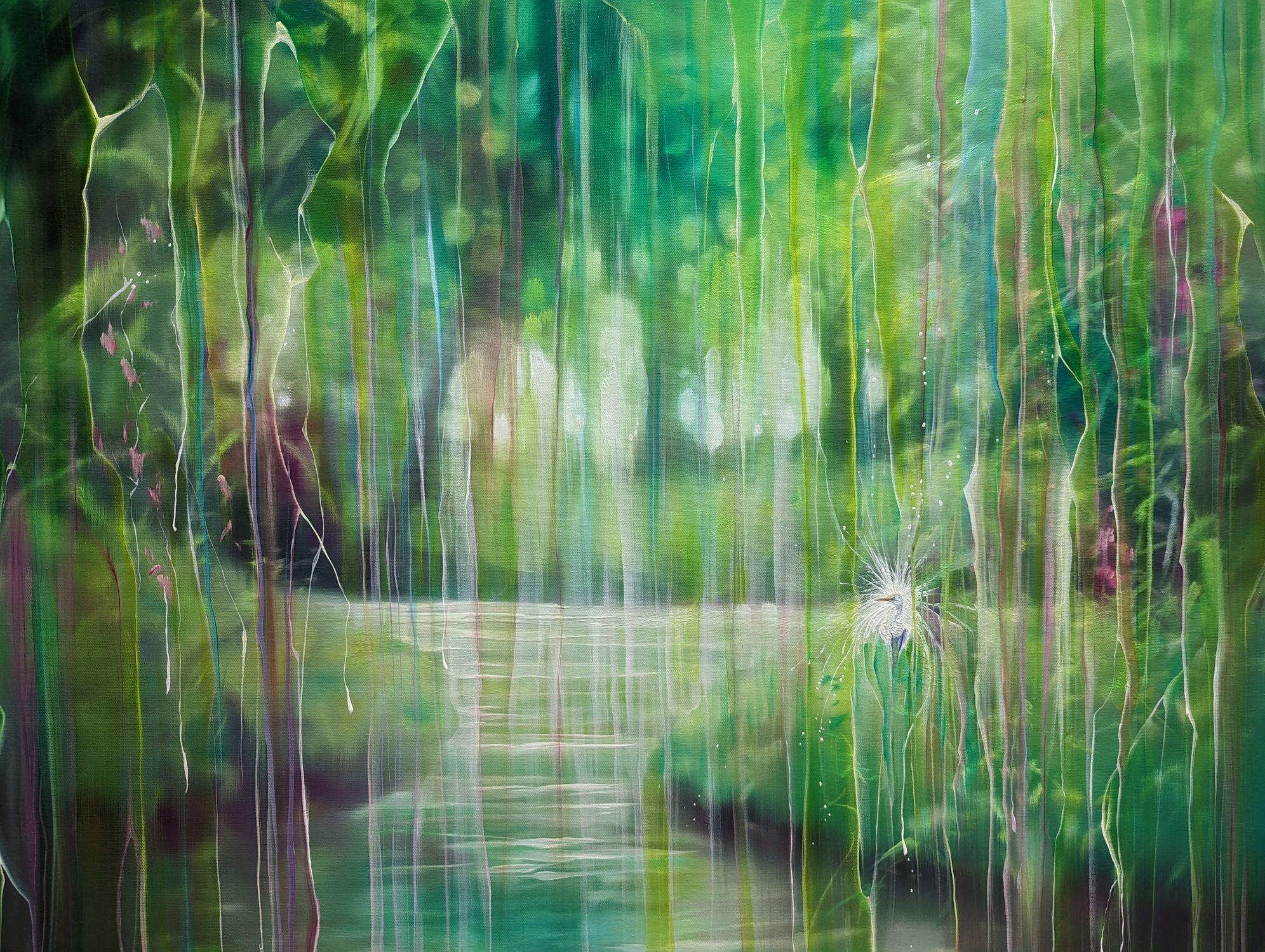 In His Element est une peinture à l'huile semi-abstraite vibrante représentant un paon se fondant dans un bois de jacinthes magique. Il mesure 36x30x1.5 pouces. Le paon regarde vers sa droite sous les arbres verts de la forêt printanière. Sa queue