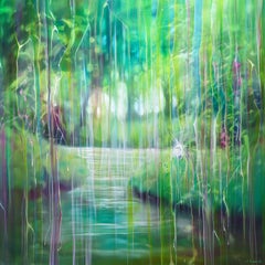 Emanation, green abstract with egret, Painting, Oil on Canvas