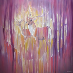 Forest Monarchs, large semi abstract deer painting, Painting, Oil on Canvas