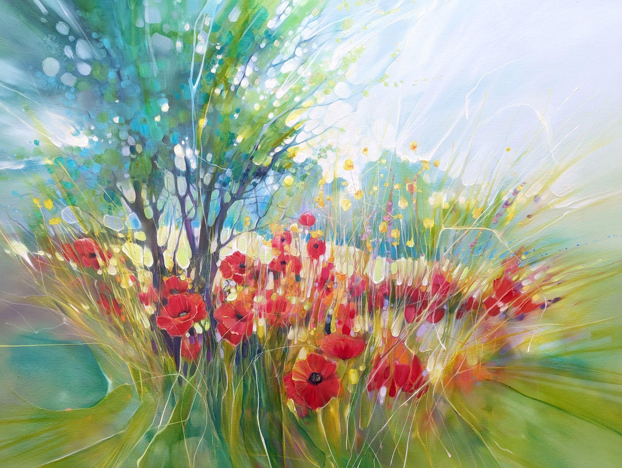 Giubilo di mezza estate, papaveri in un prato, Pittura, Olio su tela - Painting Contemporaneo di Gill Bustamante