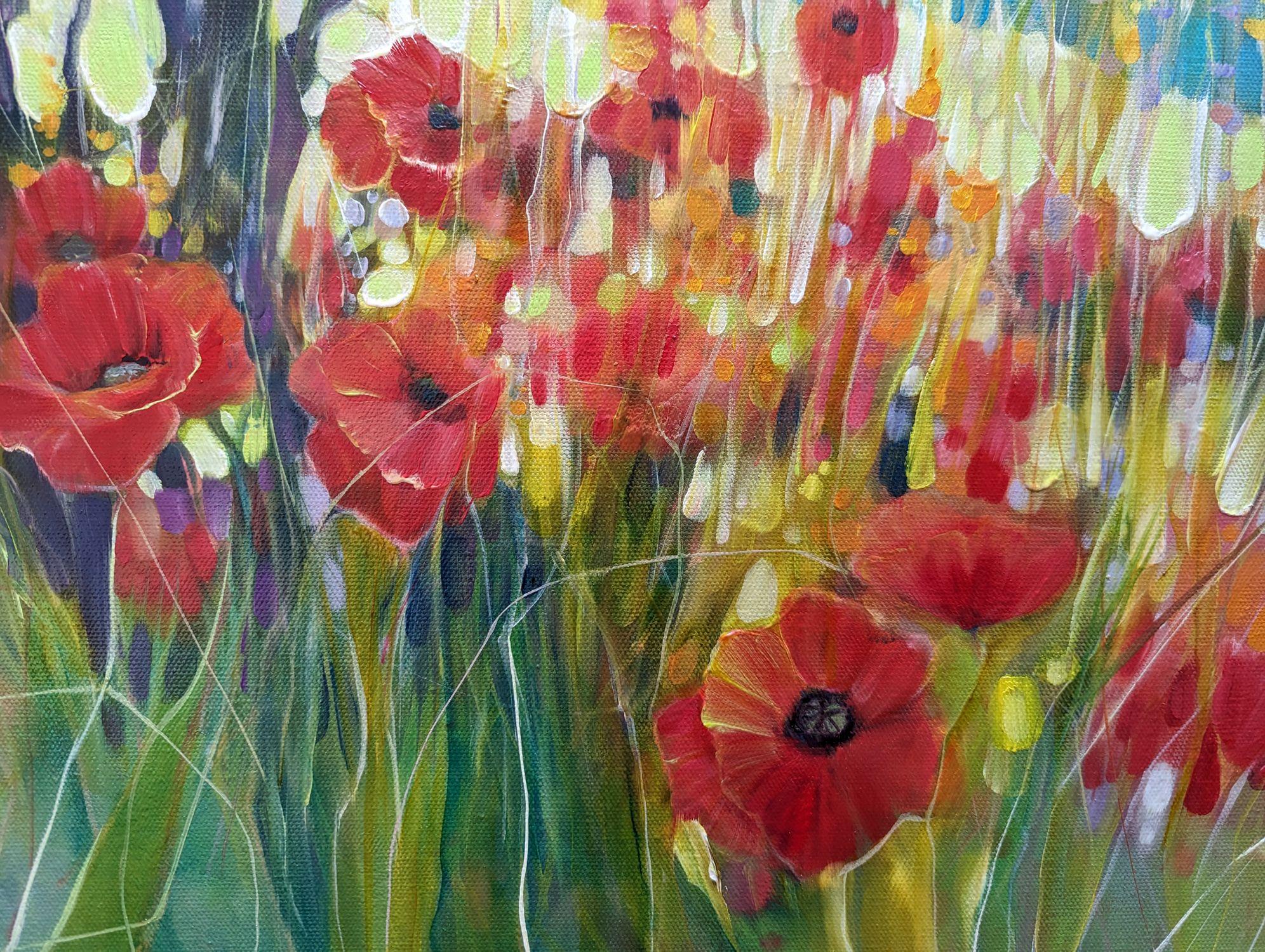 Midsummer Jubilance è un grande e gioioso dipinto a olio di papaveri in un prato estivo sotto un albero. È semi-astratto e leggermente in stile art nouveau. 40x40x1,5 pollici. L'intento di questo dipinto era quello di mostrare il modo in cui la