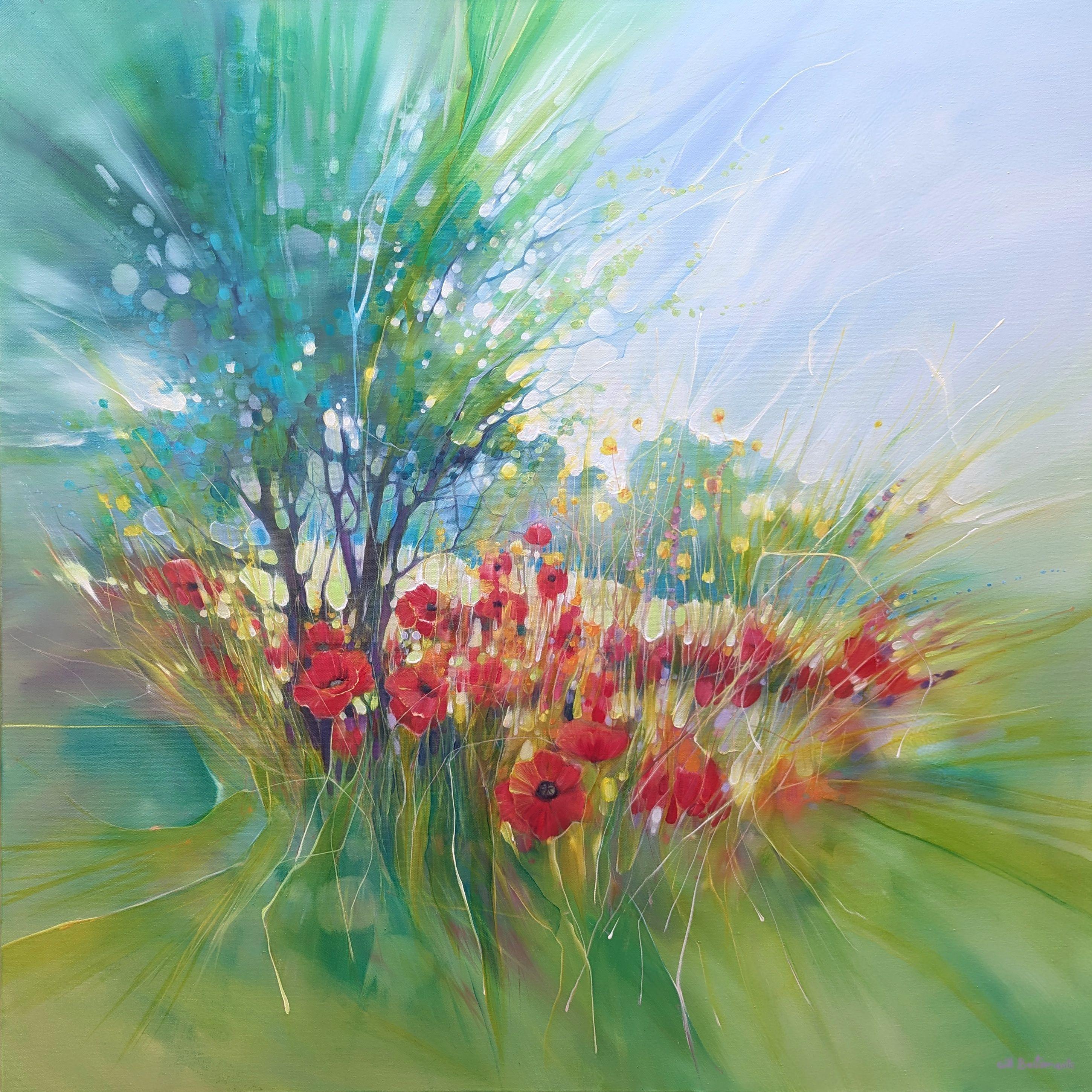 Giubilo di mezza estate, papaveri in un prato, Pittura, Olio su tela - Painting di Gill Bustamante