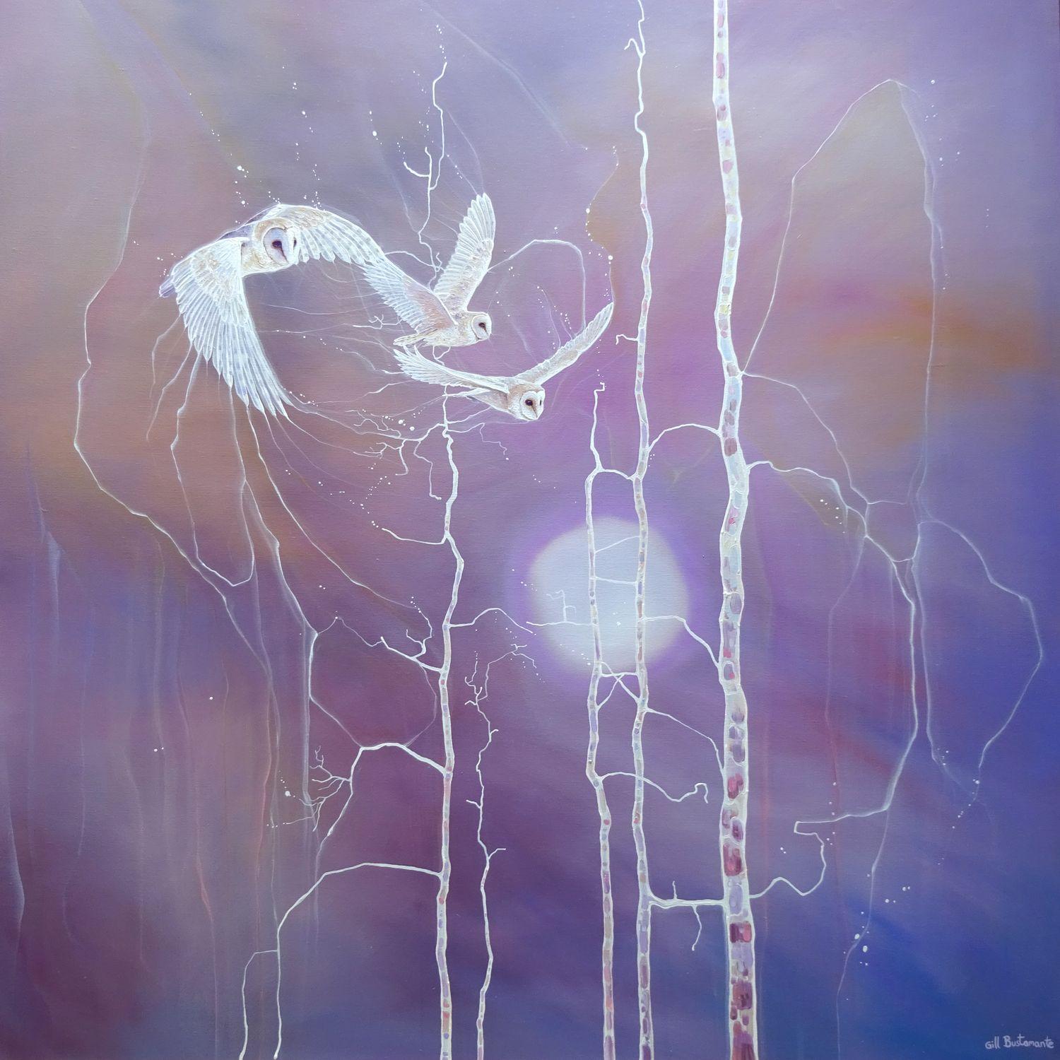 Night Magicians is a large oil painting on canvas of three white barn owls flying across a lilac and orange twilight sky. It is contemporary art nouveau in style which you can see from the stylised shapes of the twigs and branches of the delicate
