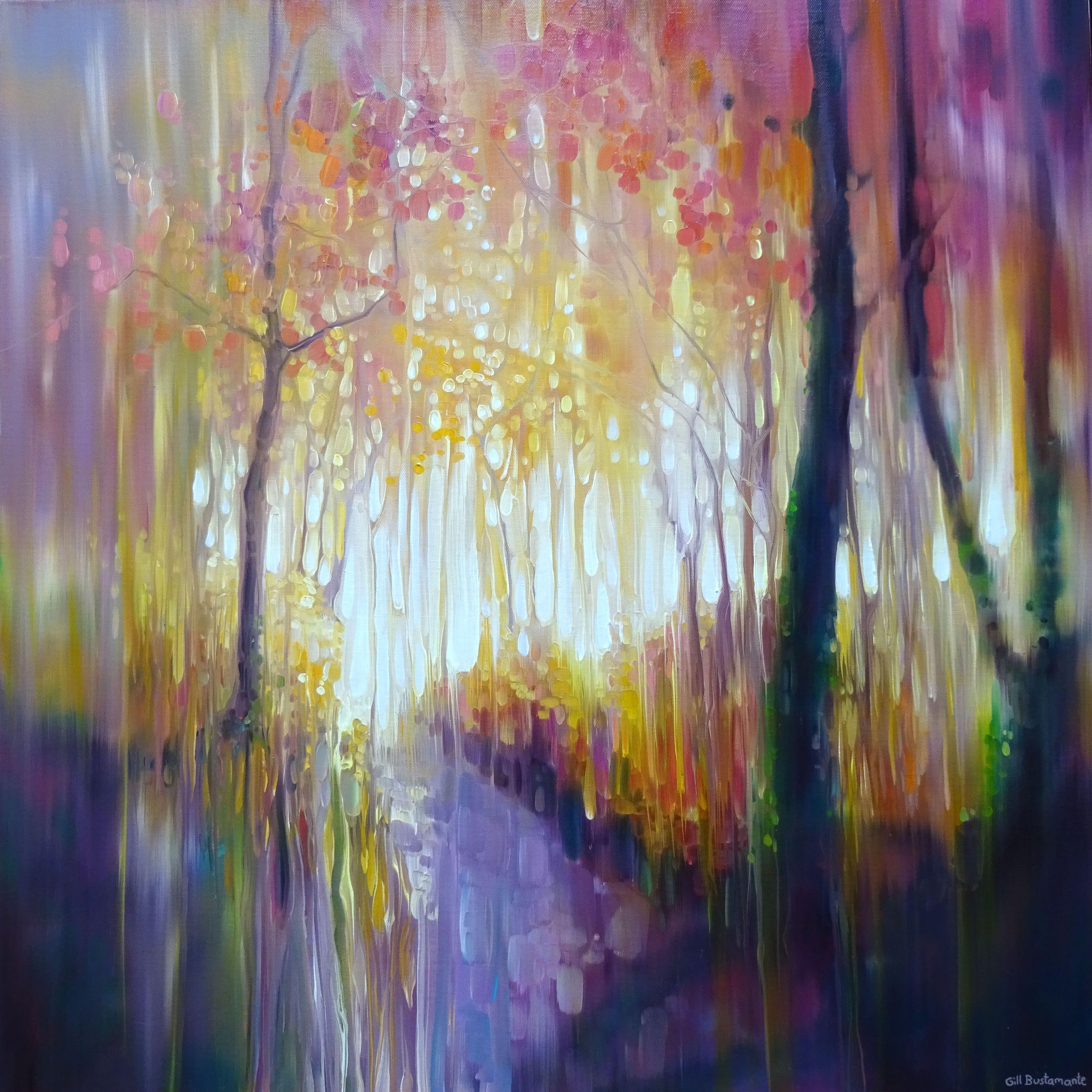 October Glows is a wet into wet oil painting of an autumn path with autumn colours in semi-abstract style. It is 30x30x1.5 inches. This painting was painted after a walk I took near Glyndebourne in East Sussex. It was a beautiful clear autumn day