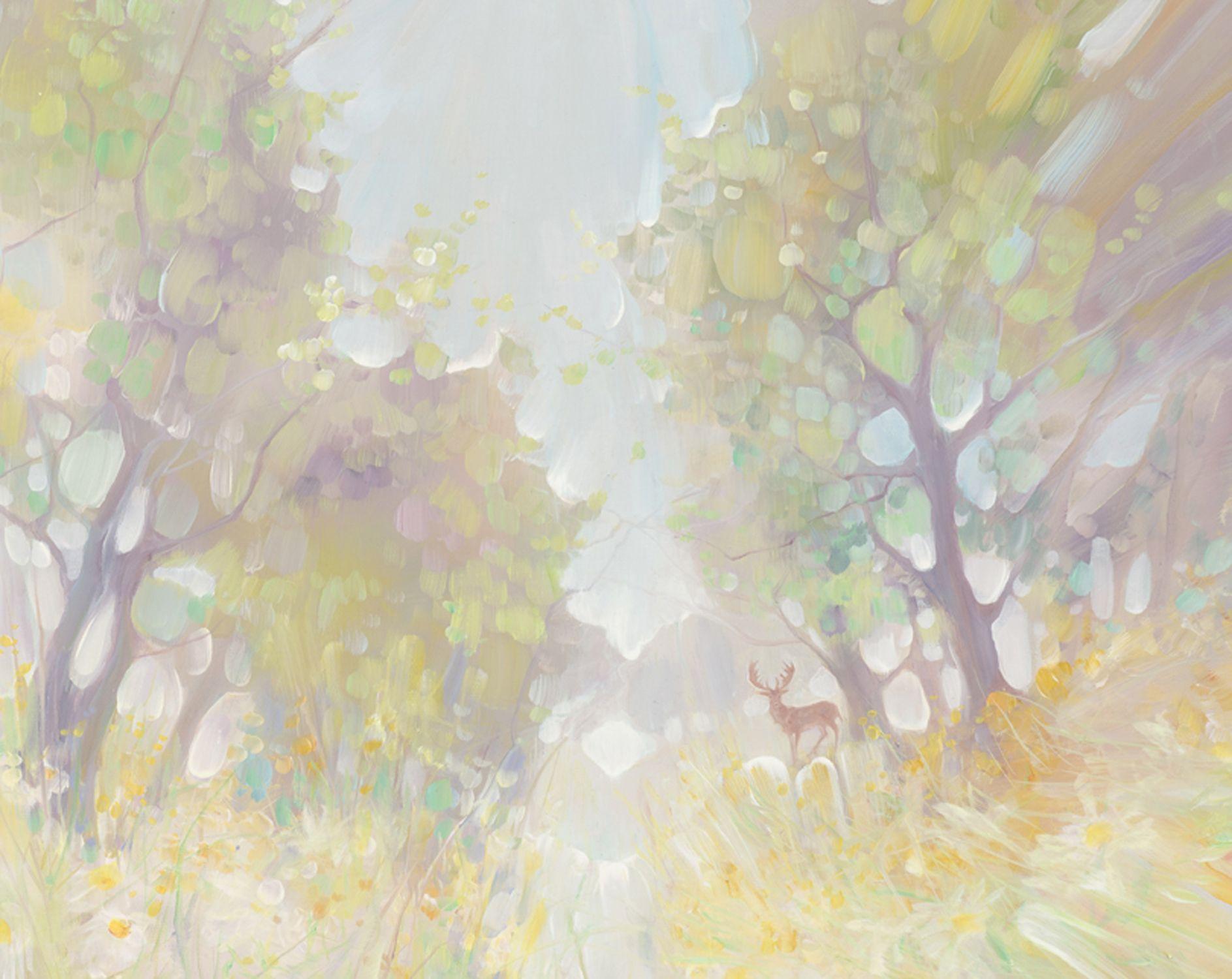 Spirited Away è un'esplosione semi-astratta di un paesaggio con margherite in un prato estivo. Le dimensioni sono 40x40x1,5 pollici. Le margherite si trovano in un prato con alberi alle spalle e si vede un cervo che osserva in lontananza. È pronto a