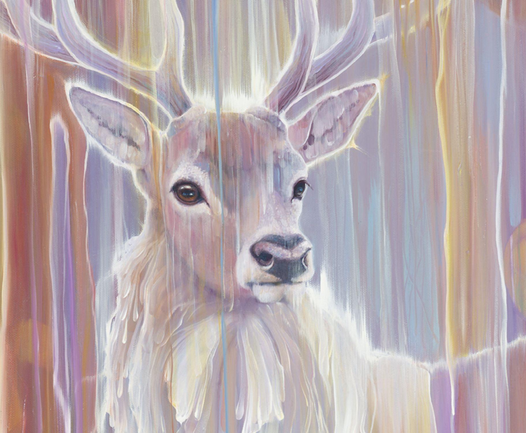 Stag Materializing è un dipinto a olio raffigurante un cervo rosso, realizzato in stile semi-astratto e con vivaci colori arcobaleno. Le dimensioni sono 40x40x1,5 pollici. Il dipinto è multistrato e multicolore, ma i colori predominanti sono il