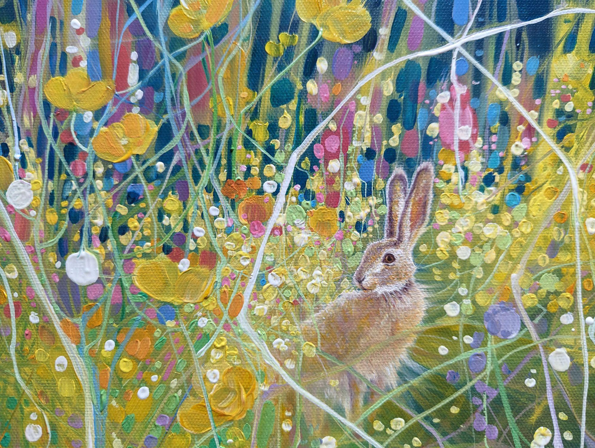 Alboroto estival es un gran cuadro cuadrado de paisaje semiabstracto de una liebre en un prado salvaje de verano. Mide 40x40x1,5 pulgadas. La idea de este cuadro era mostrar el puro entusiasmo con que se expresa la naturaleza, incluso en el rincÃ³n