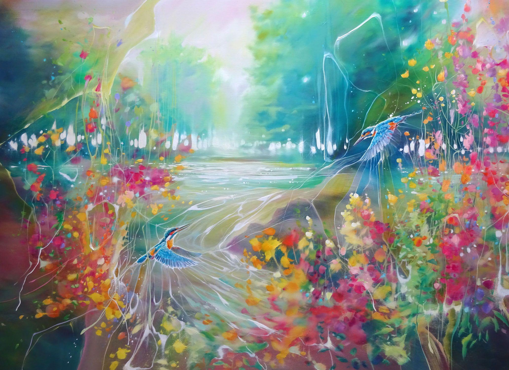 The Enchanted is a very large oil painting of a river bank with wildflowers and kingfishers on an English summer day in the countryside. It is 36x60x1.5 inches and was inspired by a June walk along the river Adur near Amberley (postcode BN18 9LR).