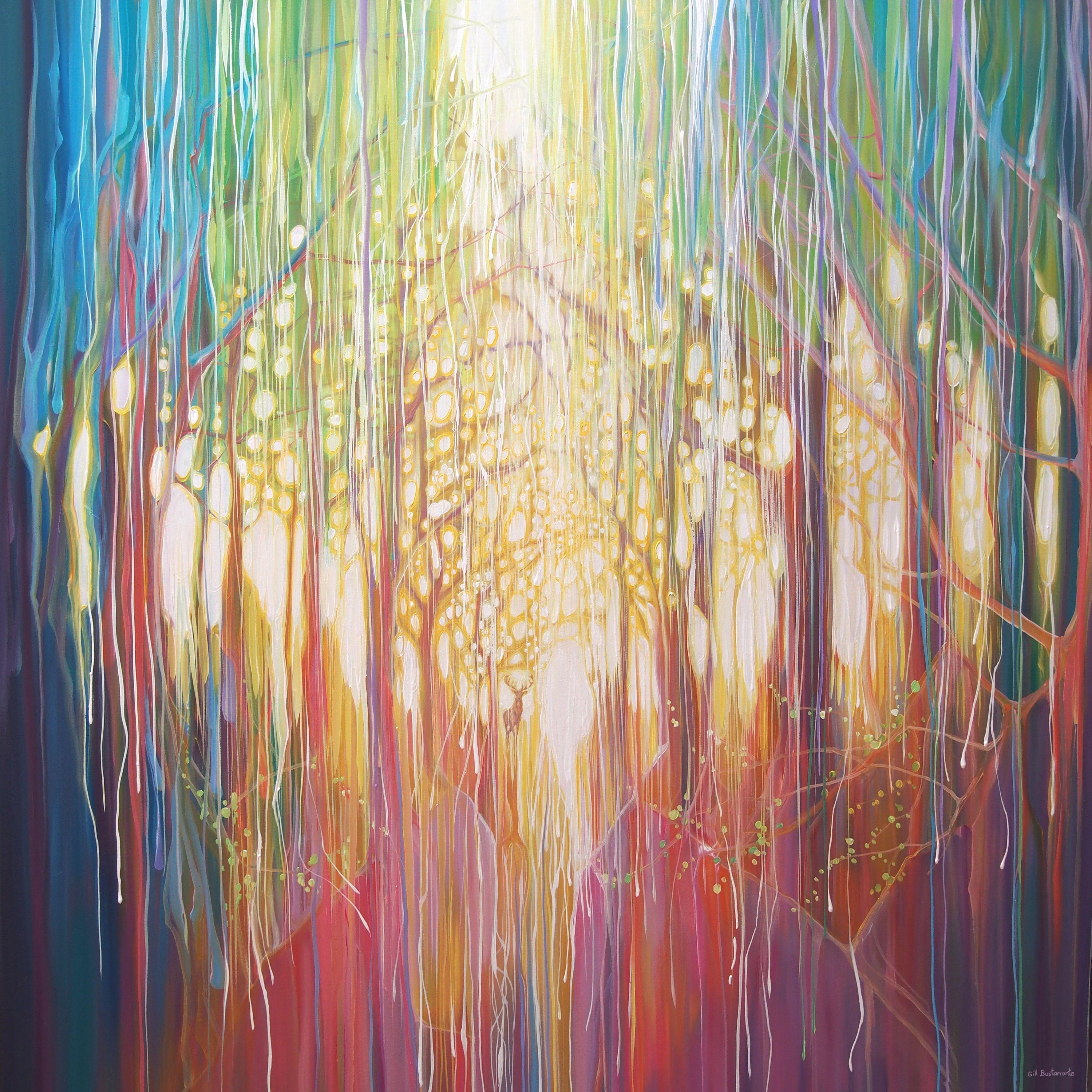 The Harts Cathedral is a 40x40x1.5 inches contemporary oil painting of a colourful woodland path with a stag at the centre. The stag stands at the exit of the path just as you come out of the trees and he knows what is on the outside of the forest.
