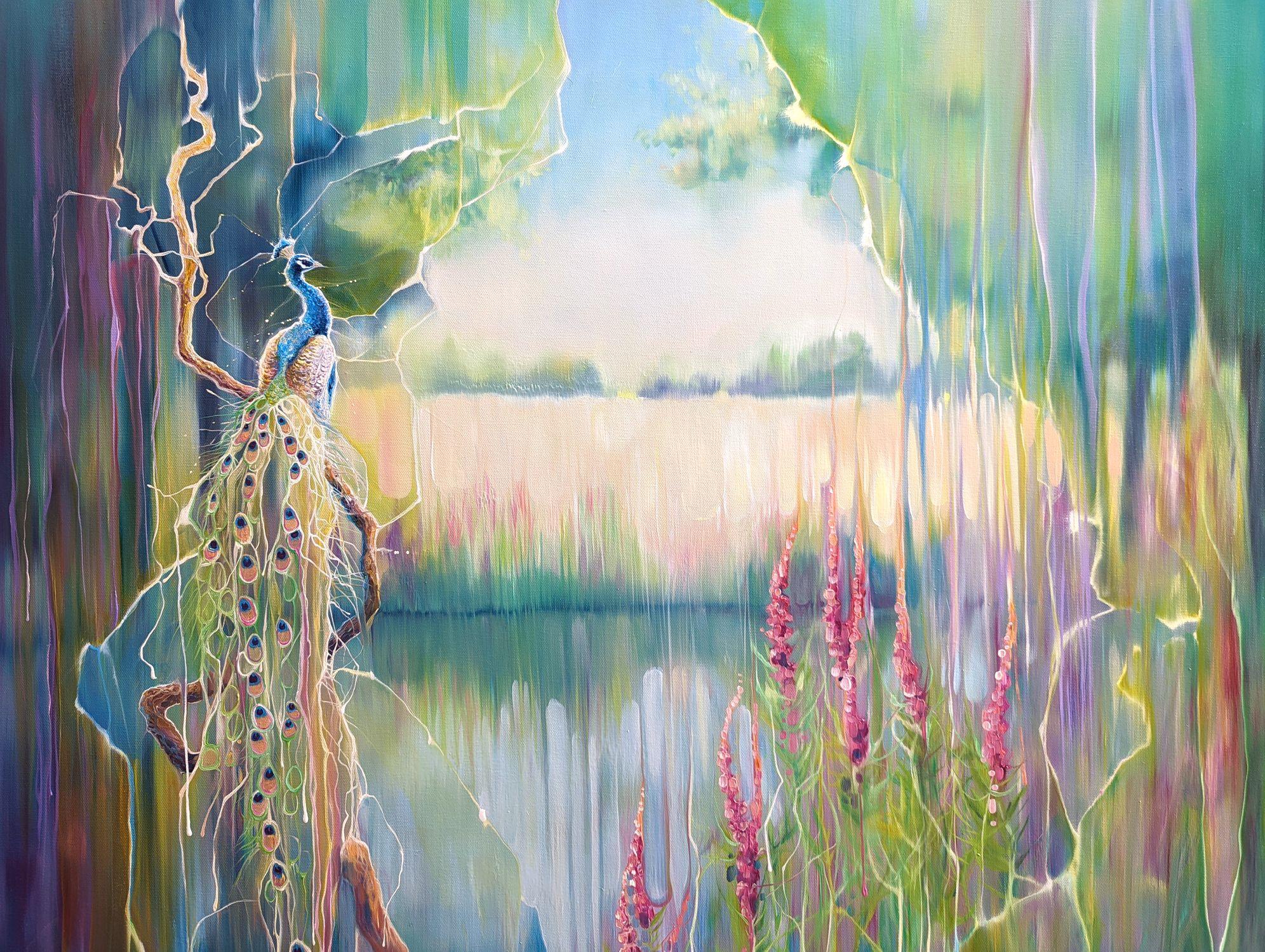 The Peacocks Secret is a large semi-abstract oil painting of a peacock in a secret garden by a lake in late summer. It is 40x40x1.5 inches. Wildflowers edge the lake and the peacock sits on a branch to one side allowing us a glimpse of the garden he