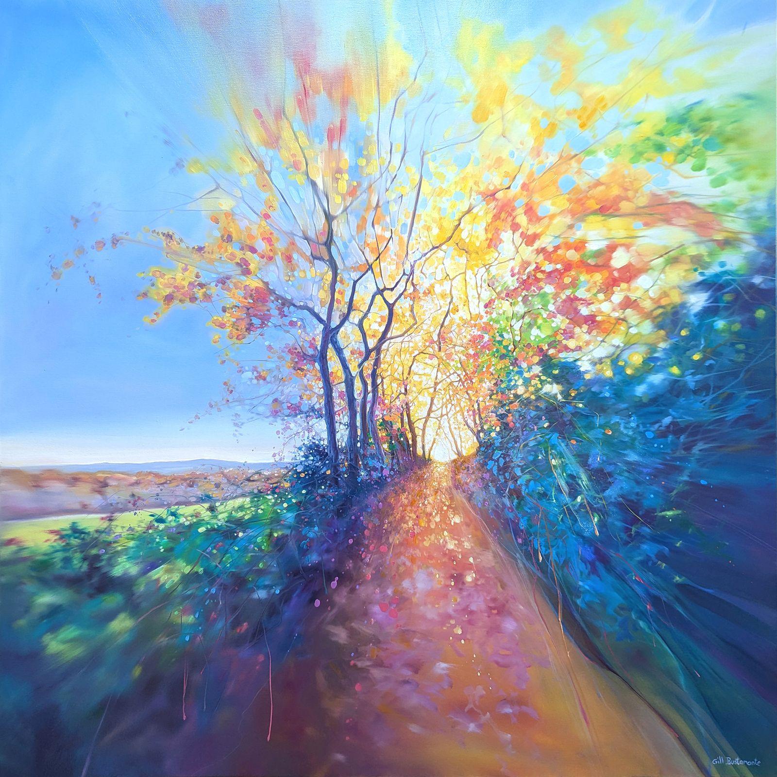 The Truth Calls is a large oil painting of an autumn path through English countryside and woodland with views across fields and hedgerow beside it. It is 40x40x1.5 inches. The painting is blurred at the edges which appears to pull the viewer onto