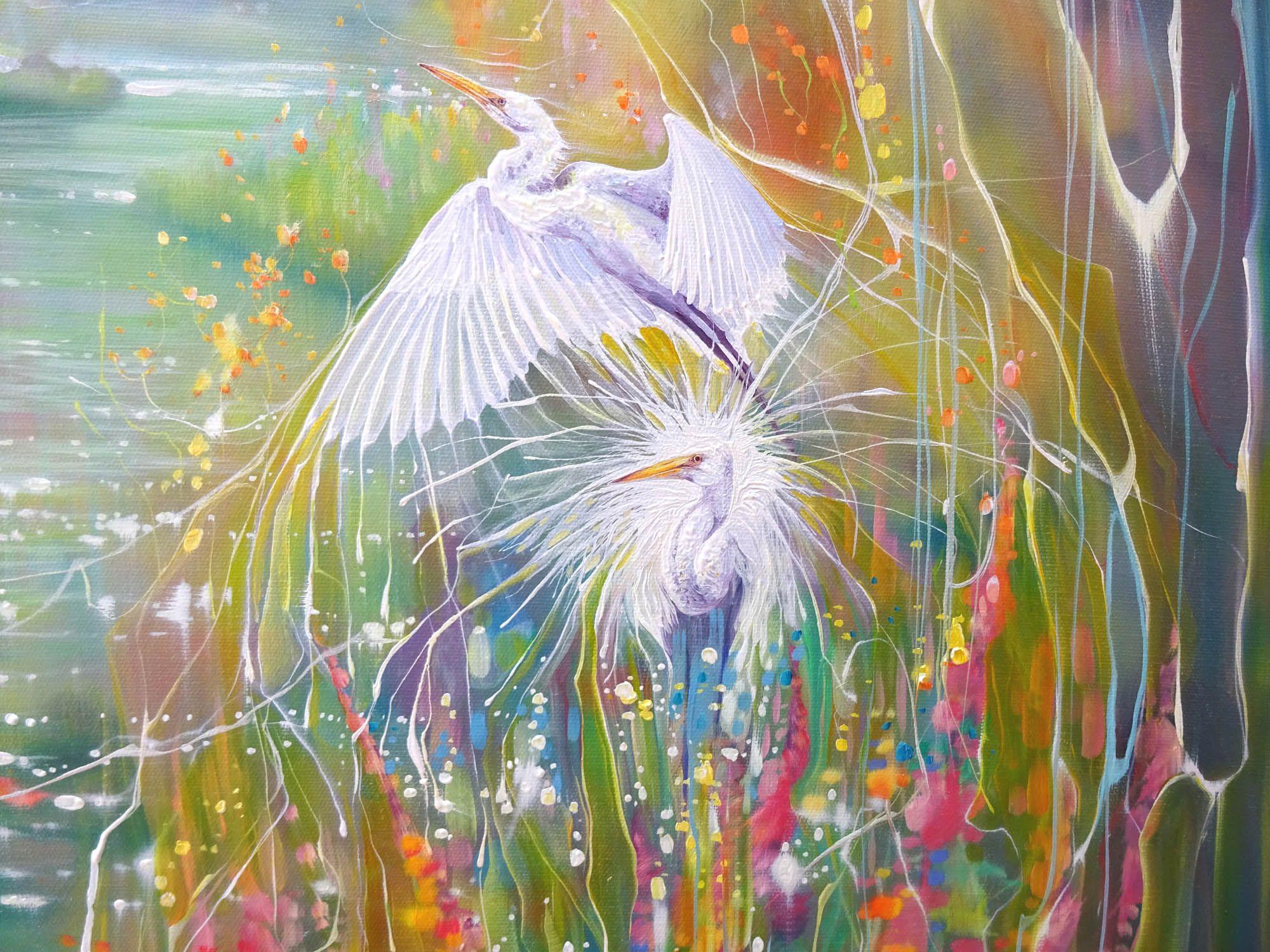 Through the Veil is a large contemporary oil painting of a river bank in summer with wildflowers and white egrets. It is 40x40x1.5 inches. This painting was inspired by a recent river walk along the river Ouse near Newick. It shows the river and