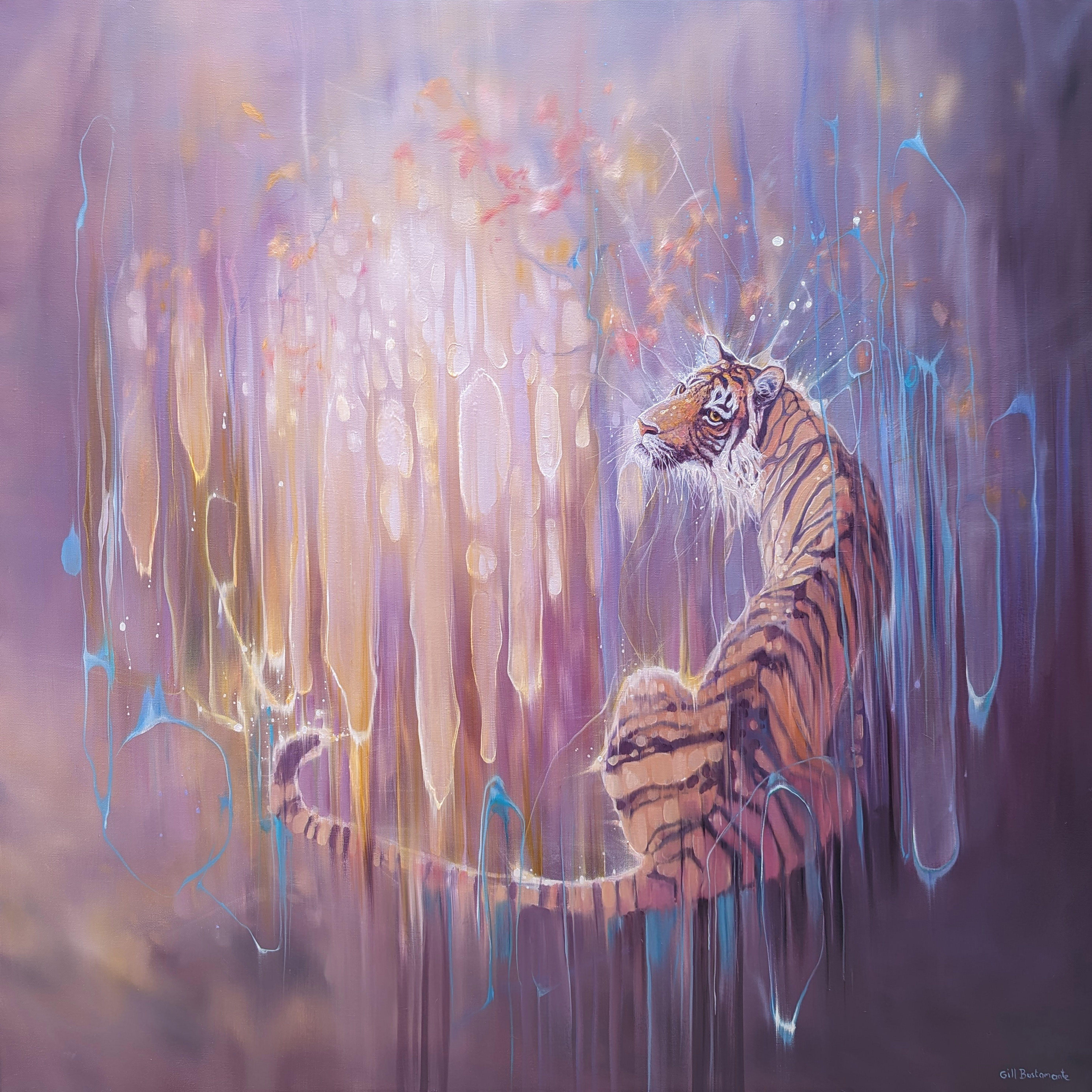 Tiger in the Ether is a 40x40x1.5 inches purple oil painting of a semi-abstract art-nouveau style tiger against an abstract background. The style is slightly art nouveau and makes use of the complementary colours of purple with yellow and orange