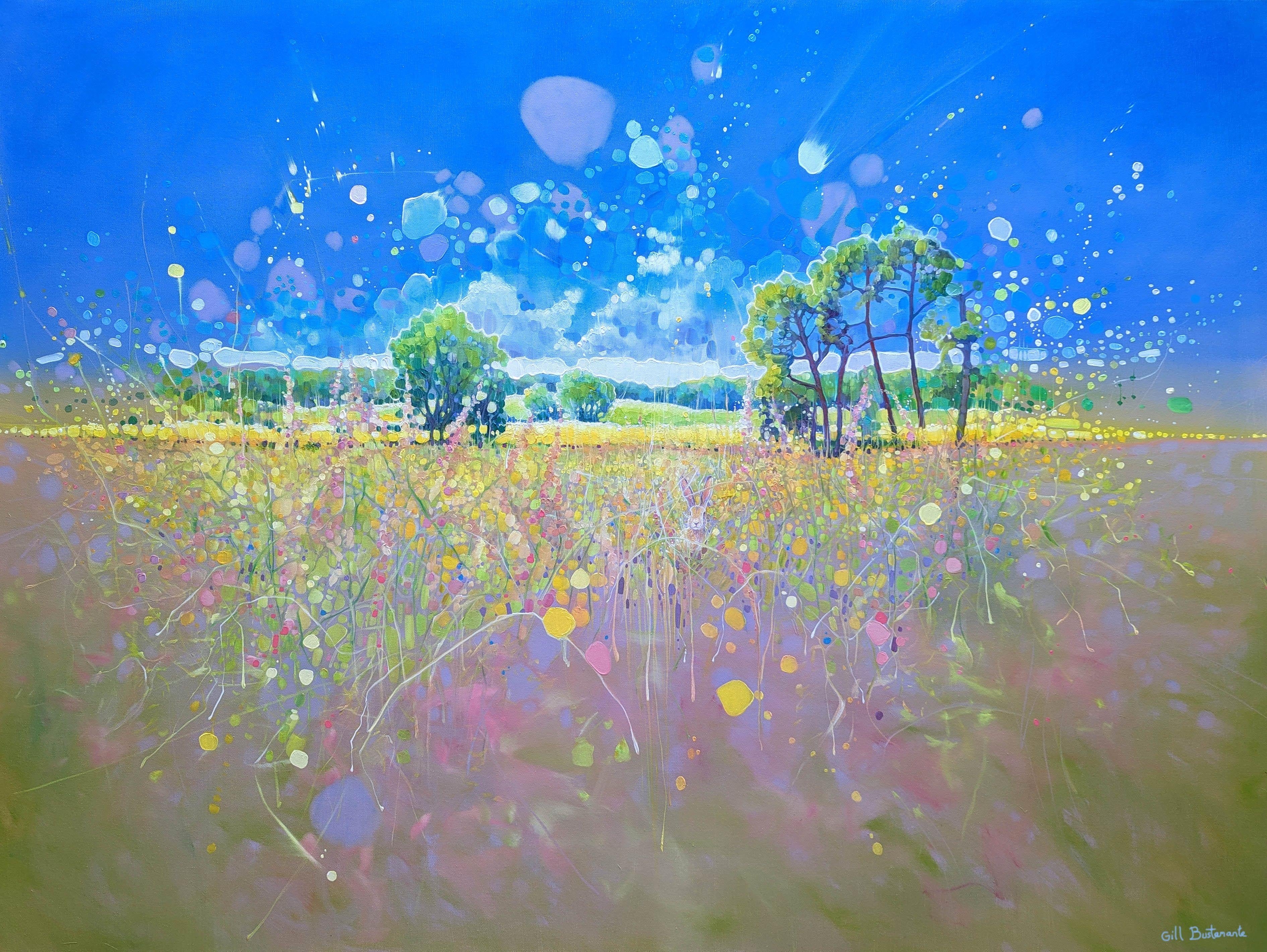 Transcendent Springtime is an exuberant semi-abstract painting of a springtime landscape with a brown hare in a wildflower meadow. It is 48x36 inches. The painting shows an ethereal scene whereby lots of particles, of various sizes, move in towards