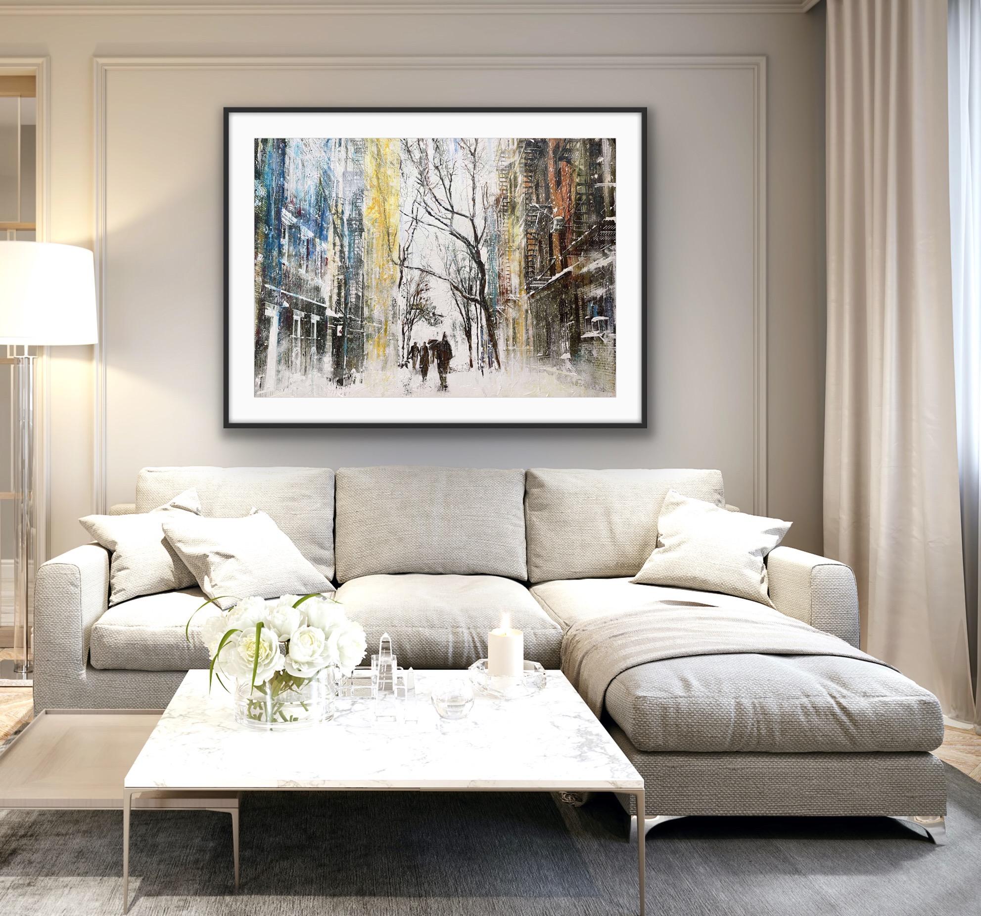 Snowy New York, Original Cityscape Painting, New York Statement Art, Mixed media For Sale 1