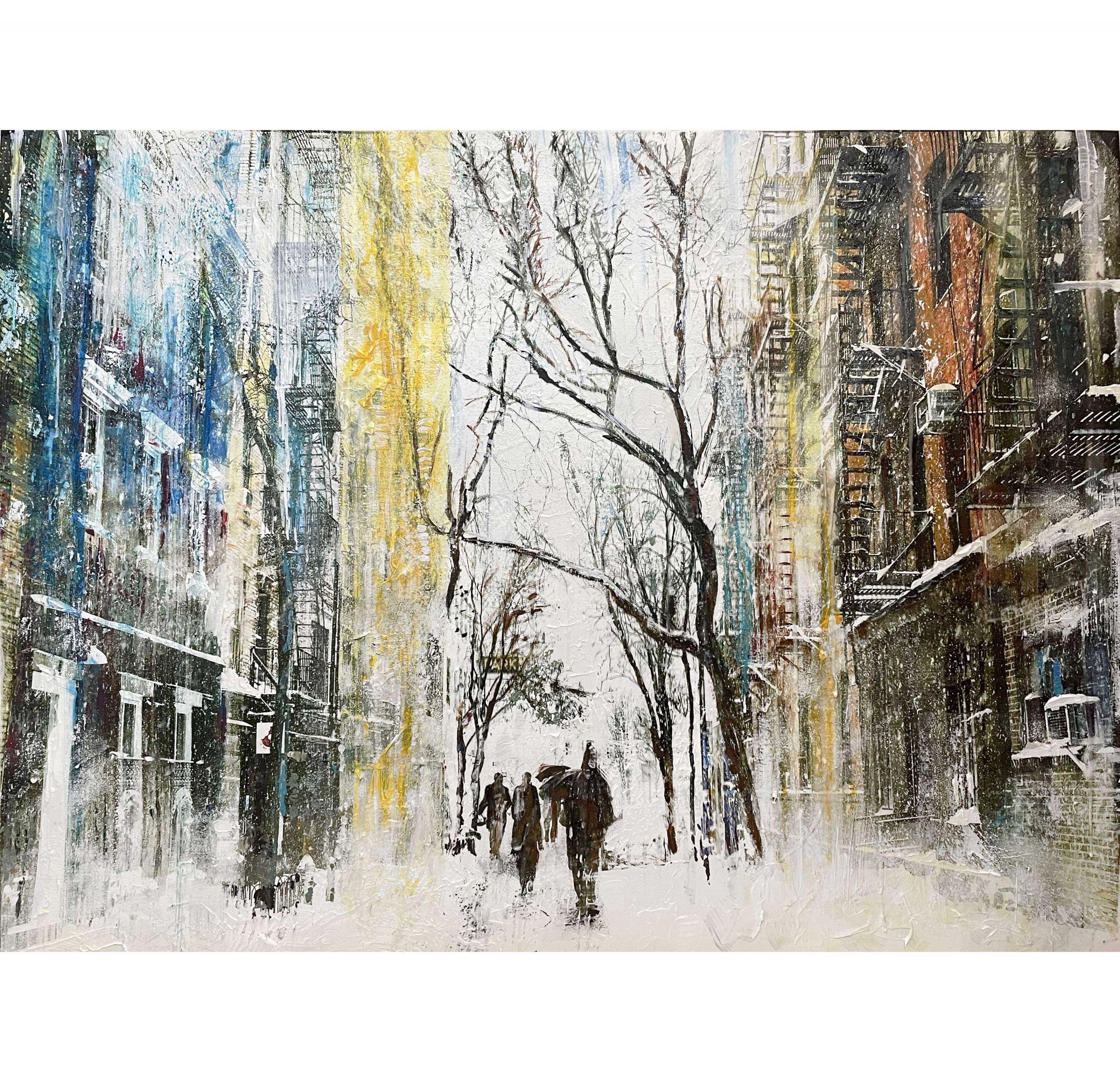 Snowy New York, Original Cityscape Painting, New York Statement Art, Mixed media
