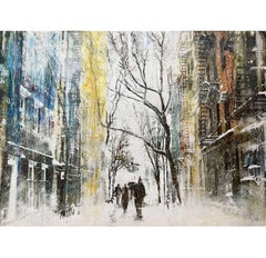 Peinture originale de paysage de neige à New York, art d'affirmation new-yorkais, techniques mixtes