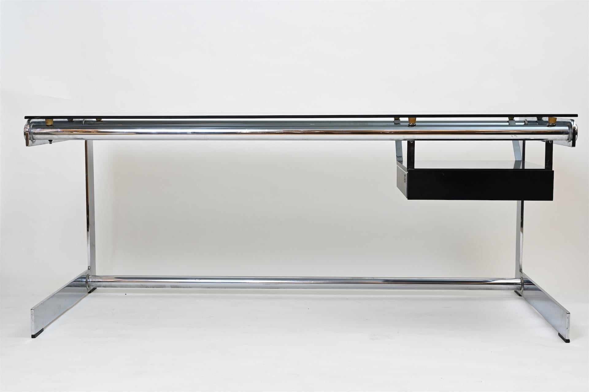 Mid-Century Modern Gilles Bouchez for Airborne Chrome and Glass Desk, France, circa 1965