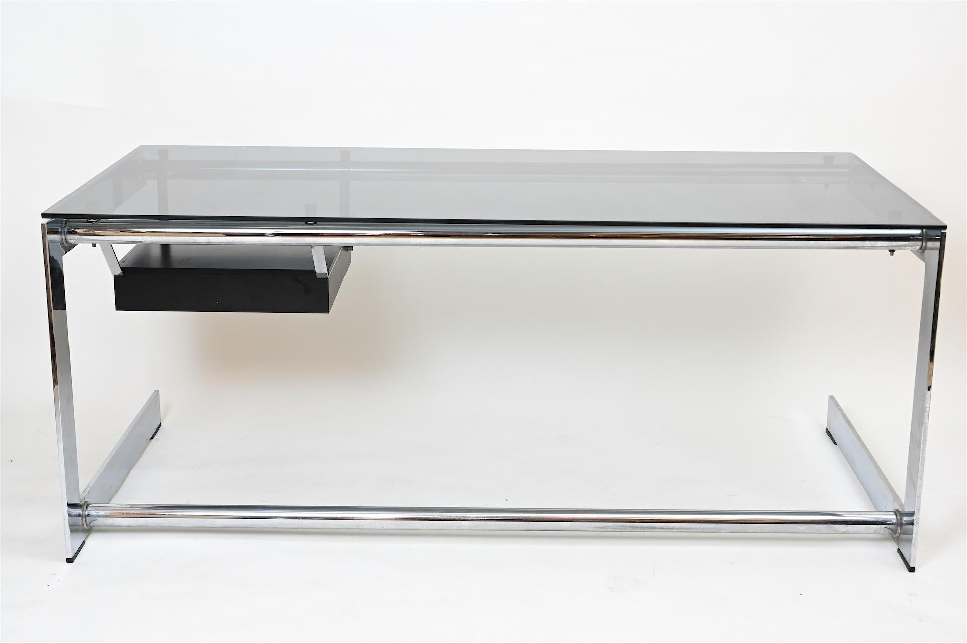 Steel Gilles Bouchez for Airborne Chrome and Glass Desk, France, circa 1965
