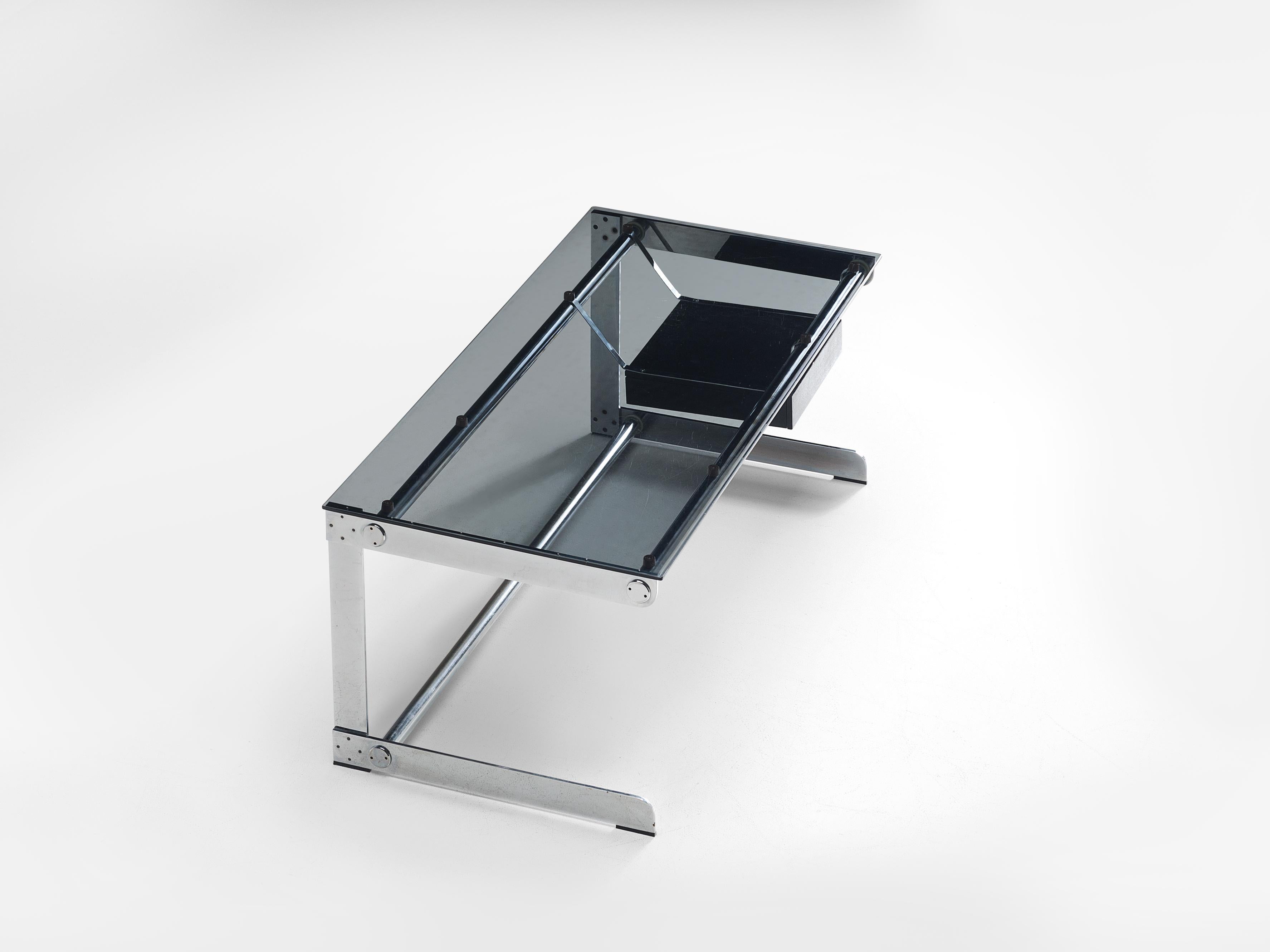 Mid-20th Century Gilles Bouchez for Airborne Desk with a Drawer in Glass and Steel