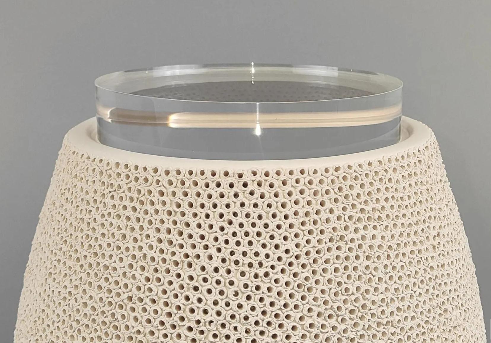 Organic Modern Gilles CAFFIER (1963) Hand-pierced ceramic covered box with acrylic lid, signed For Sale