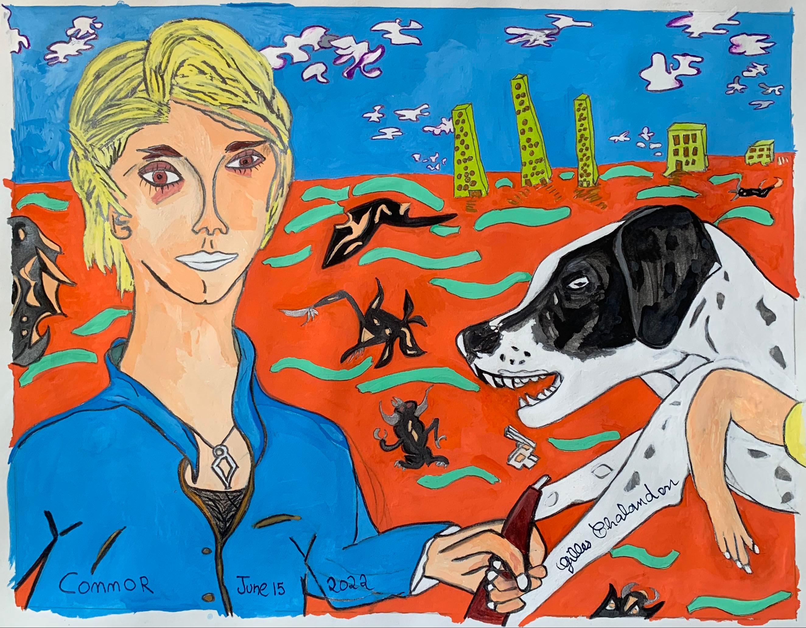 Connor with dean the dog named  - Painting by Gilles Chalandon