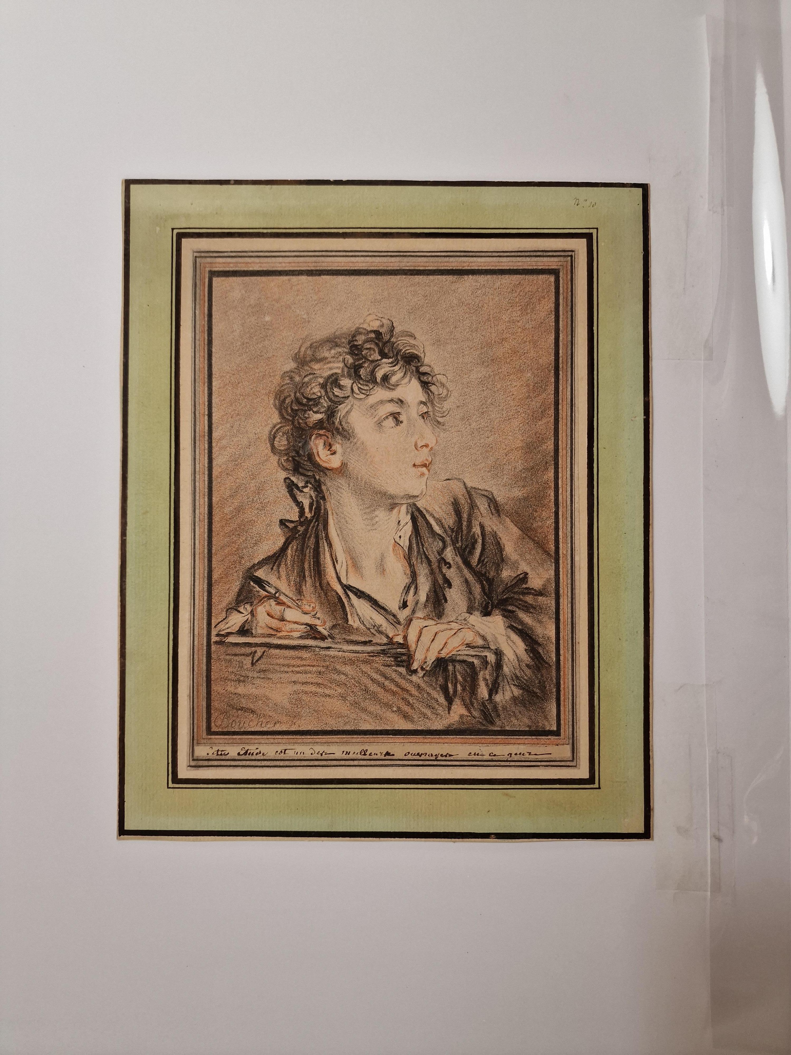 Gilles DEMARTEAU
Lüttich 1722 † Paris 1776
Jeune dessinateur.
Eau-forte et manière de crayon, imprimée en couleurs au repérage d'après François BOUCHER (1703-1770).
H190xL140mm (Sujet). 
Epreuve coupée au 5e filet, annotée à l'encre brune de la