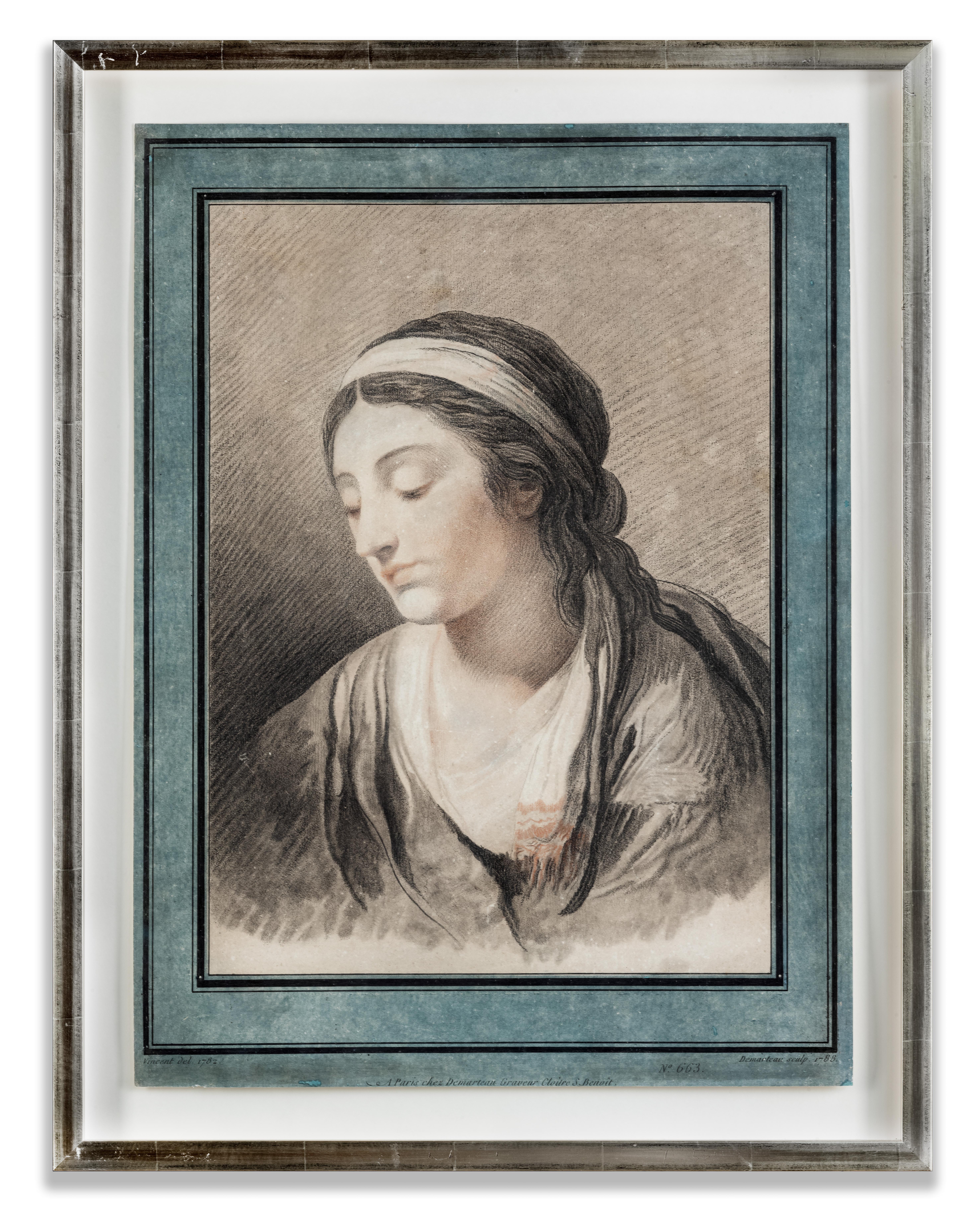 Paire de portraits de deux femmes, jeune femme, Demarteau d'après Vincent - Romantique Print par Gilles Demarteau