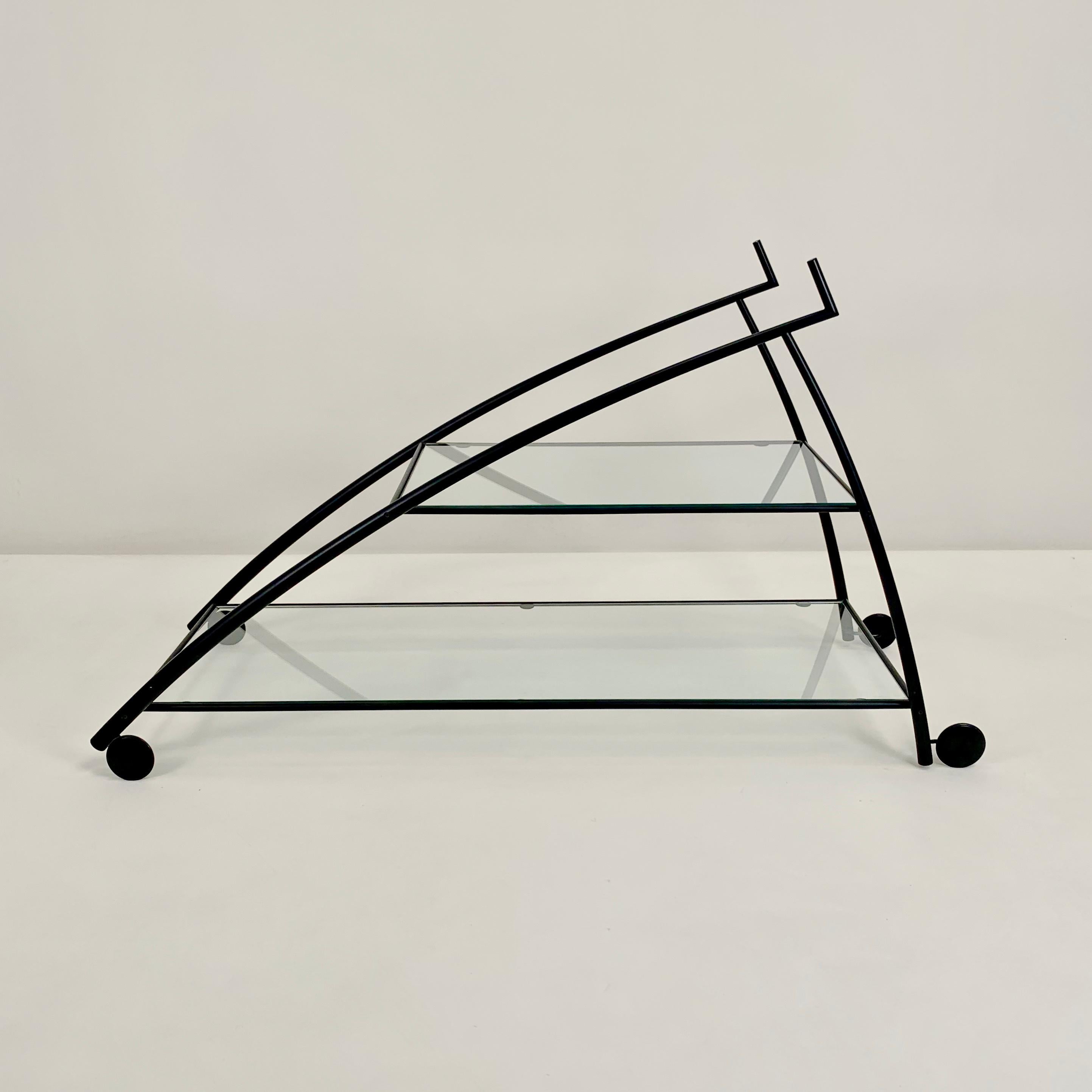 Post-Modern Gilles Derain Black Metal and Glass Trolley for Lumen circa 1980, France . For Sale