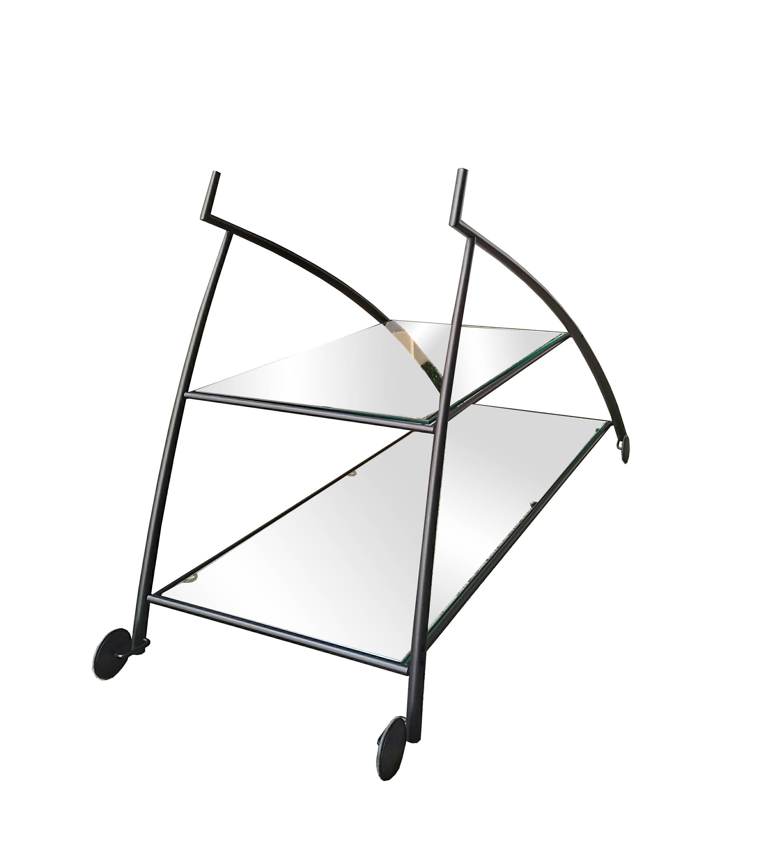 French Gilles Derain for Lumen Center Glass and Metal Bar Cart, France 1980s