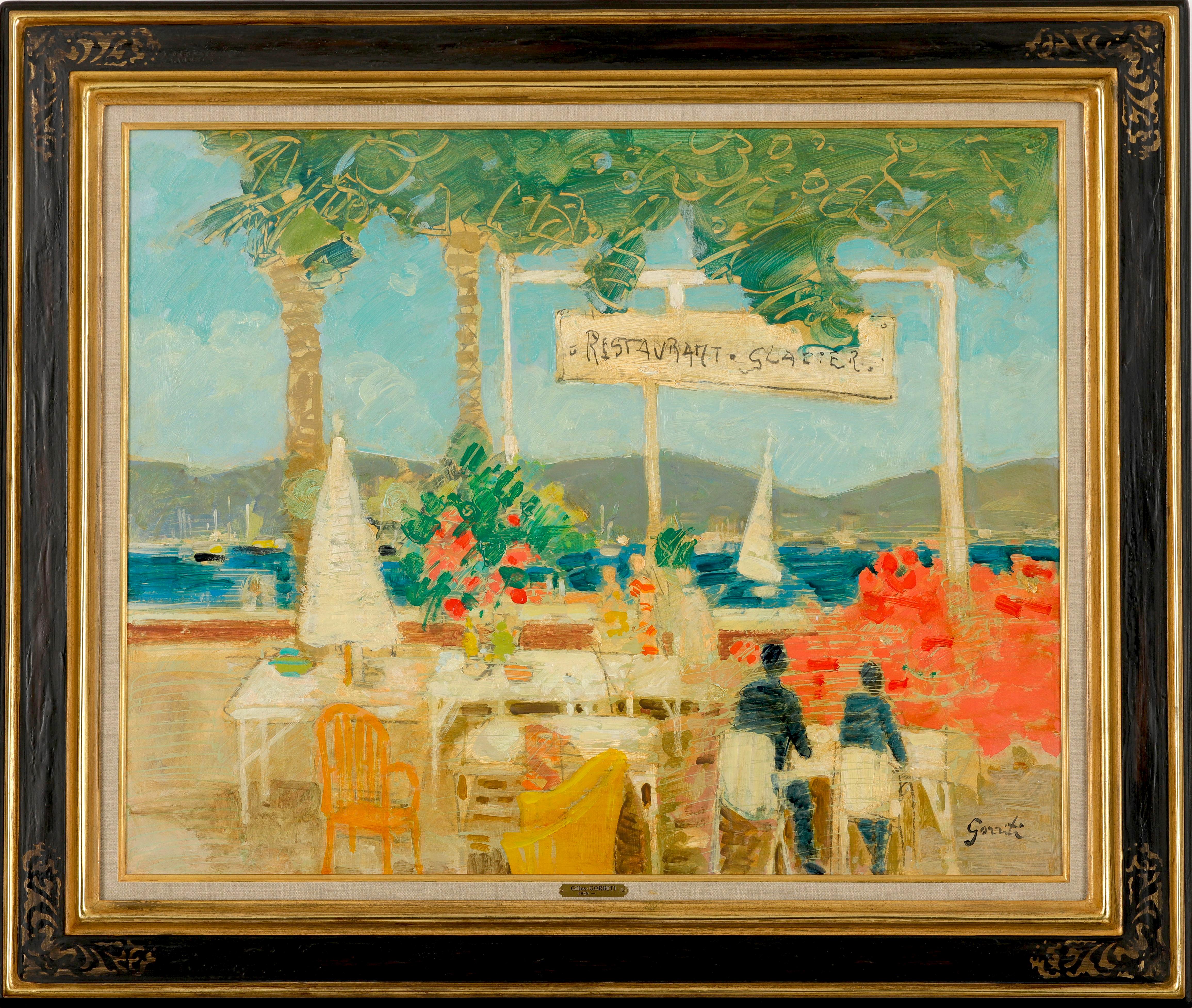 "Au Bord de la Mer, c. 1980" South of France Coastal Restaurant Sailboats Signed