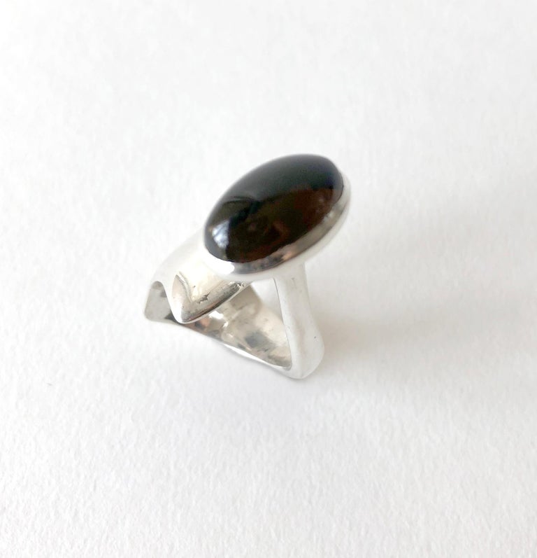 Cabochon Smokey Quartz Sterling Silver French Modernist Ring For Sale