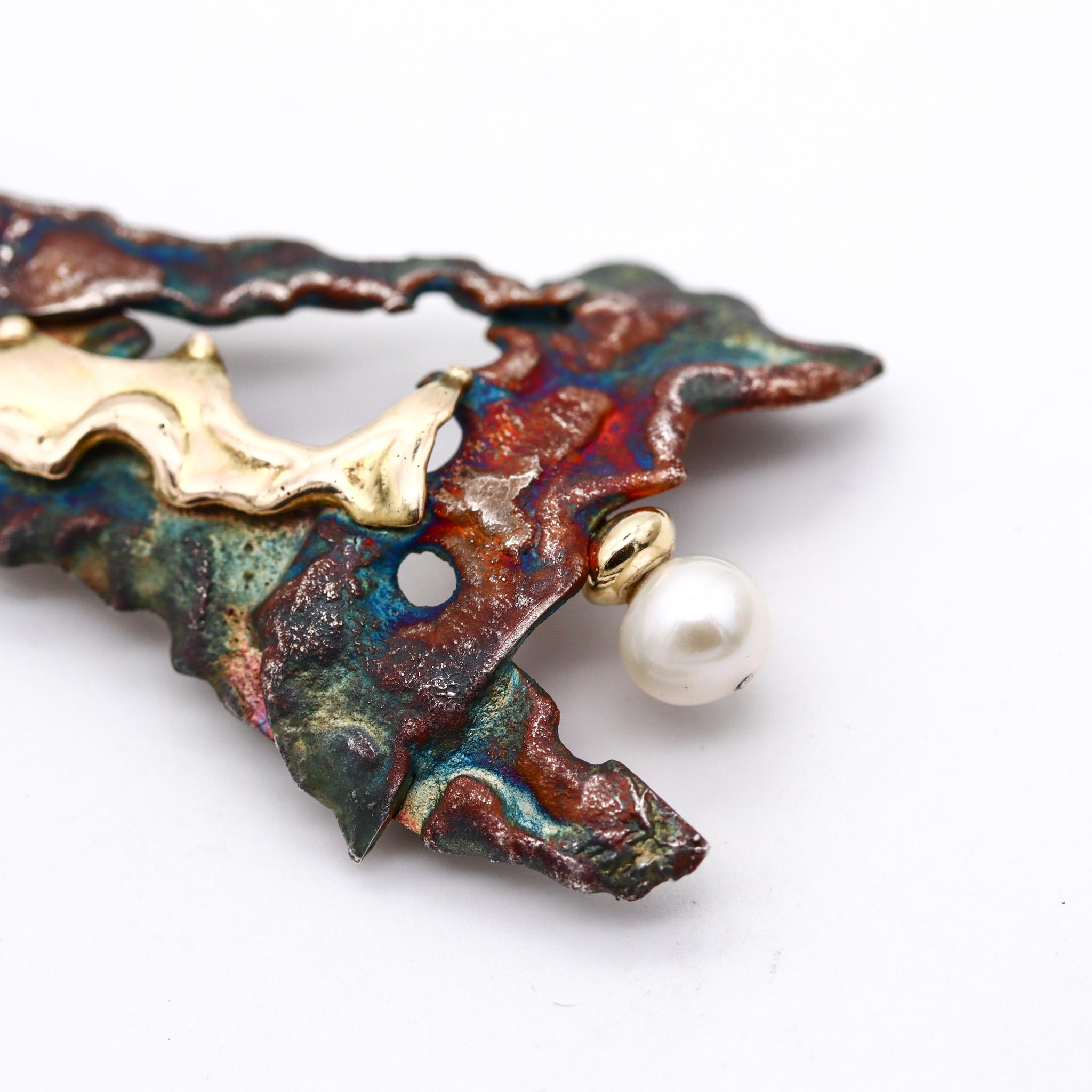 Gilles Maurel Organic Brooch In Oxidized Copper And 18kt Gold With One Pearl For Sale 1
