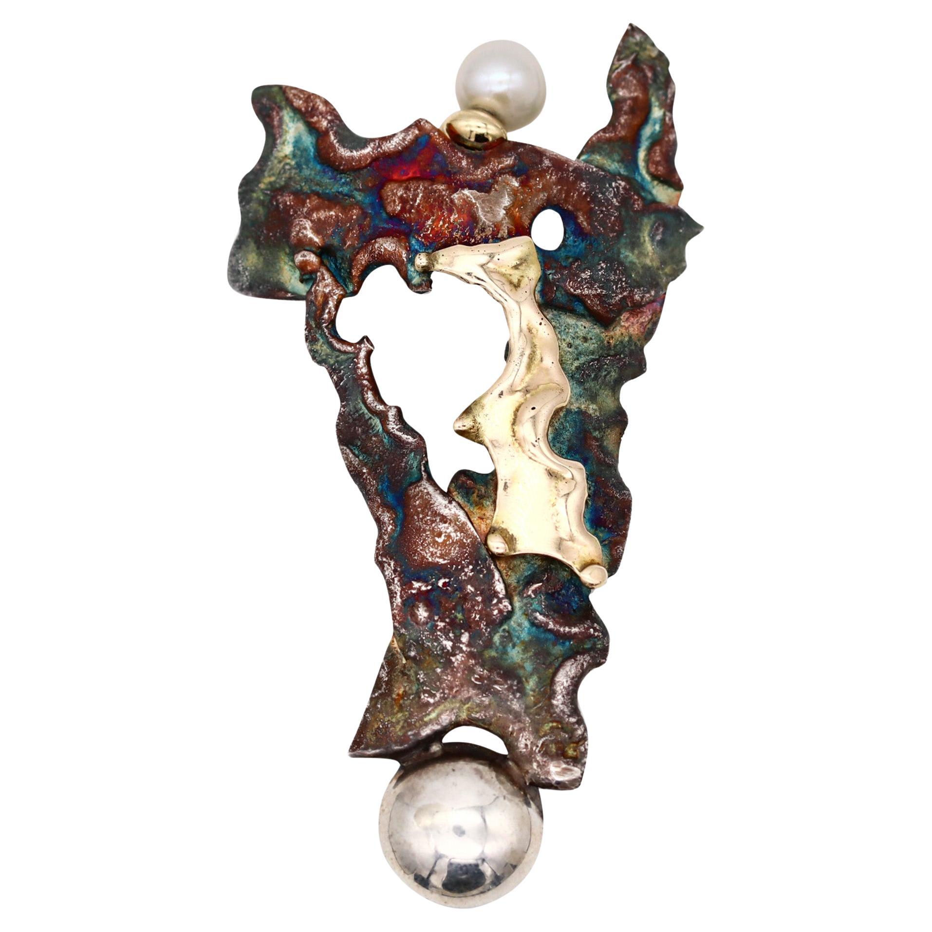 Gilles Maurel Organic Brooch In Oxidized Copper And 18kt Gold With One Pearl For Sale