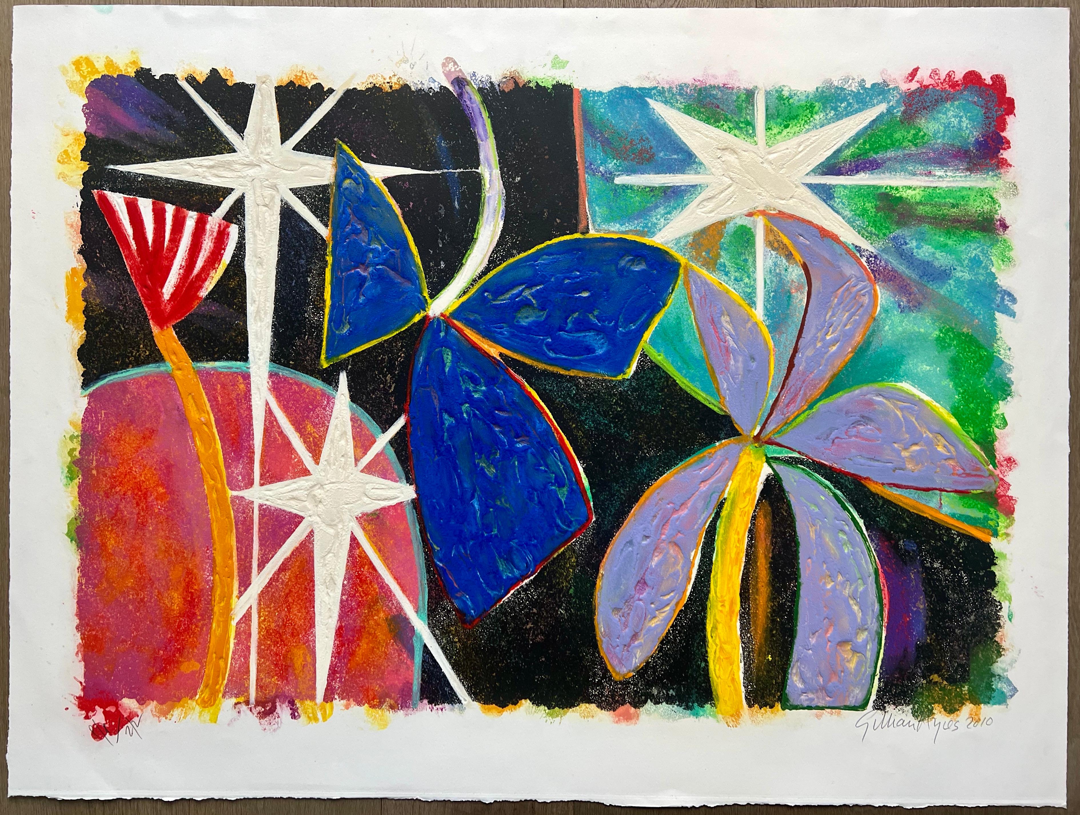 Gillian Ayres
Song Beneath the Stars, 2010
Sugar-lift aquatint and etching with carborundum printed in colours, extensively hand-coloured in acrylic paint, on BFK Rives wove paper, with full margins.
Signed by the artist, dated and inscribed 'PP