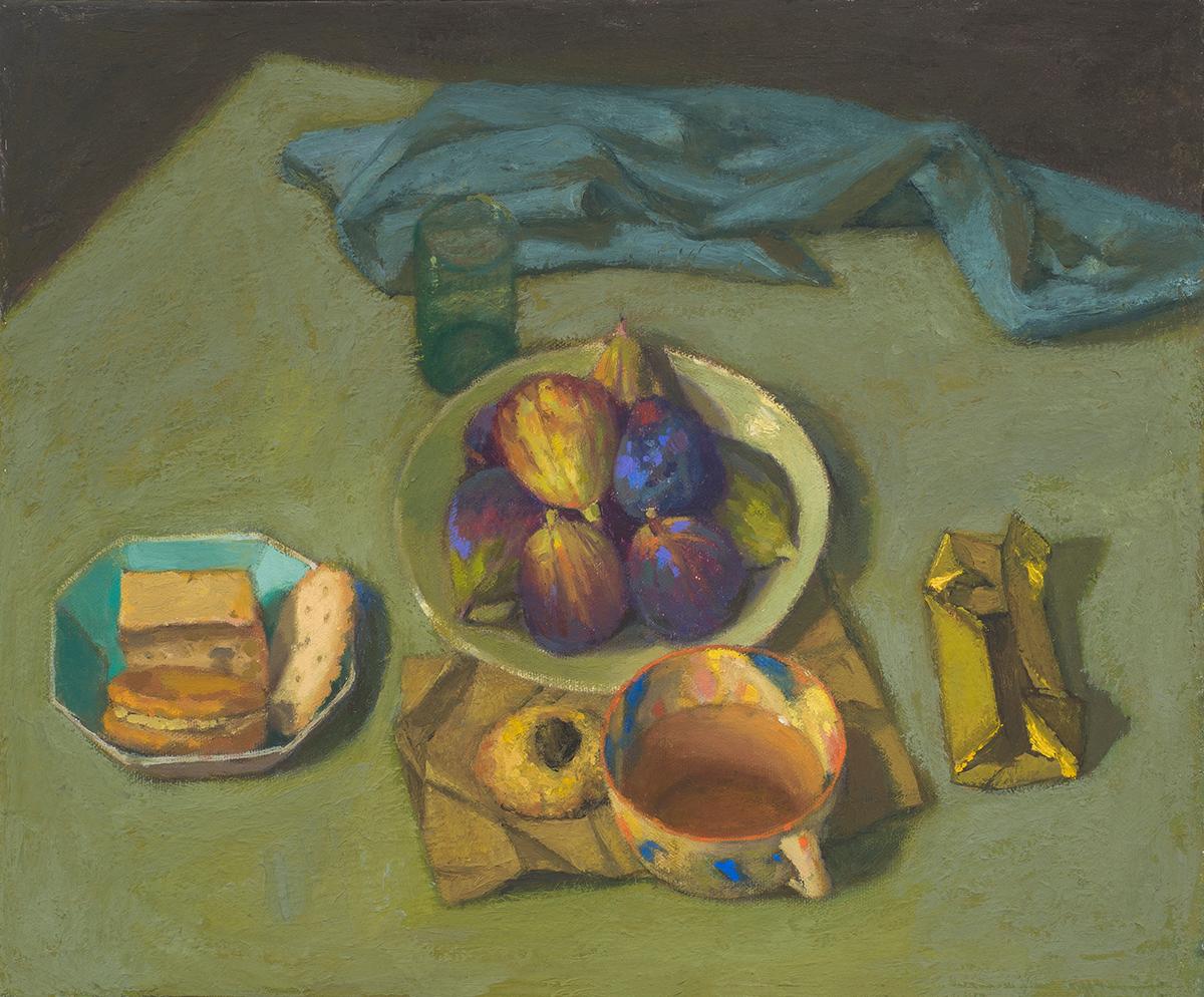 Gillian Pederson-Krag Still-Life Painting - Still Life, Ithica (Figs and Tea)
