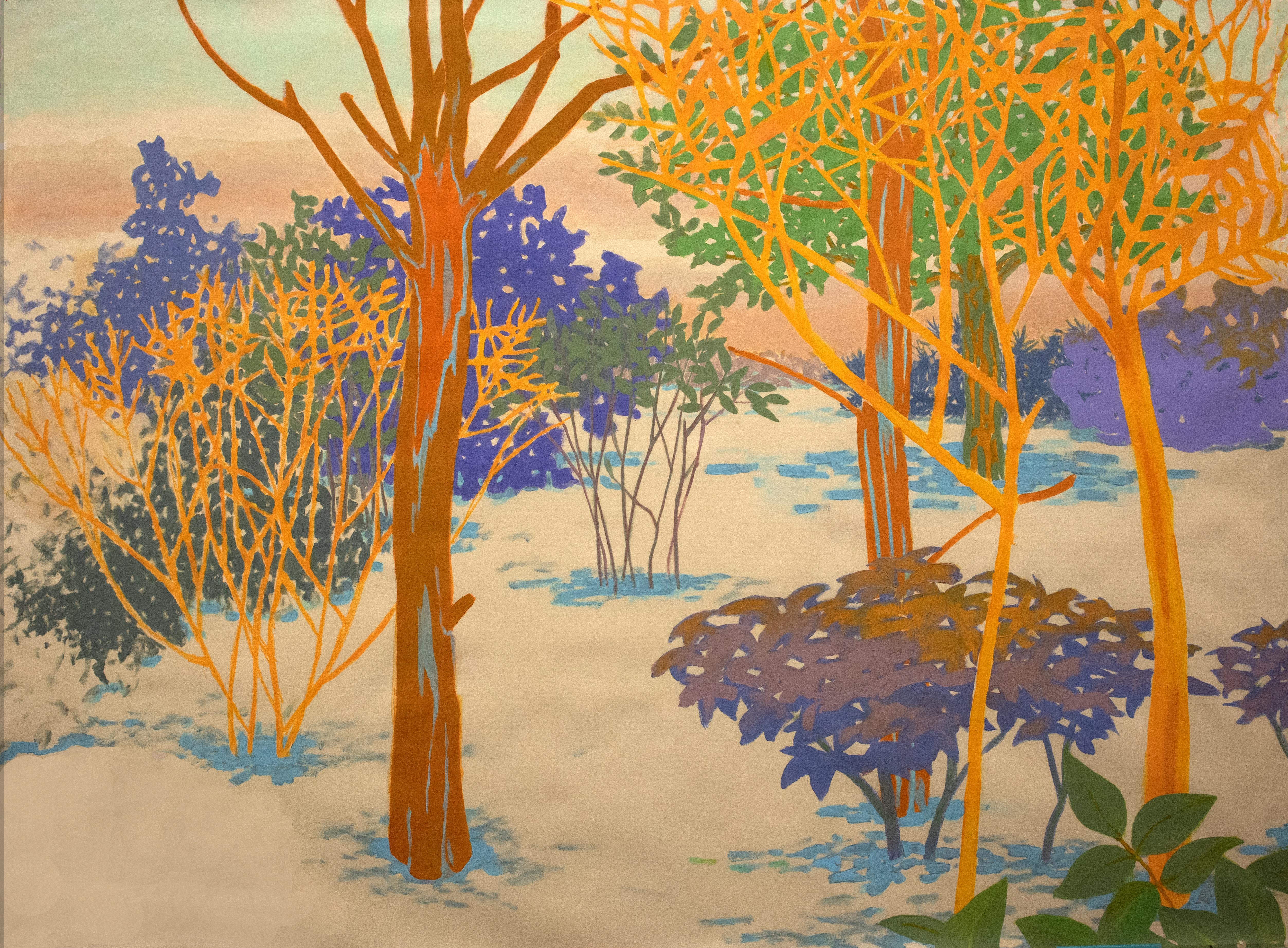 À propos de son travail récent, Mme Theobald déclare : "Ma pratique consiste à faire à la fois des collages en relief et des peintures. Les peintures ne sont pas une abstraction d'un paysage réel, mais la génération d'un paysage qui n'existait pas