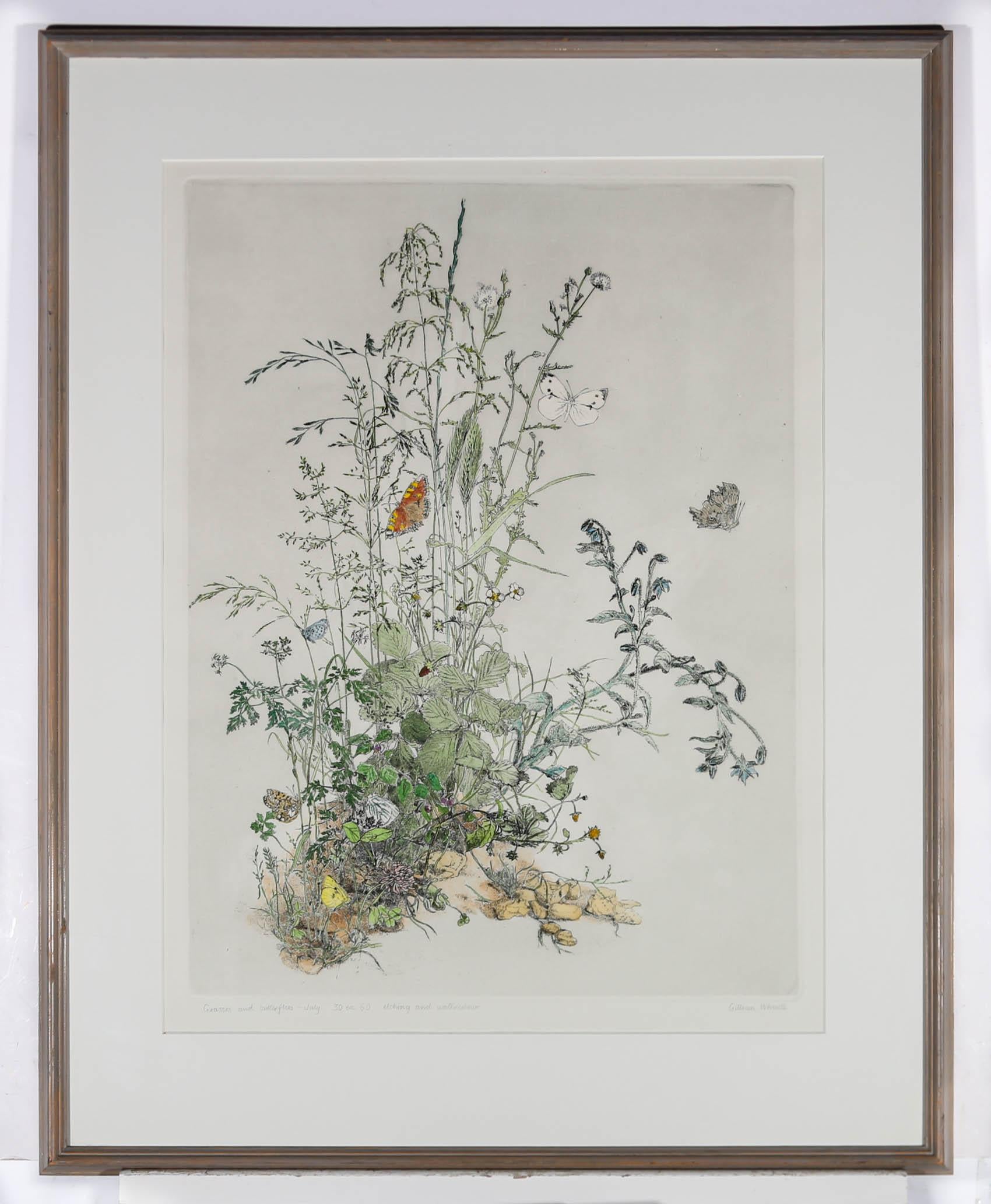 Gillian Whaite (1934-2012) - 20th Century Etching, Grasses and Butterflies For Sale 2