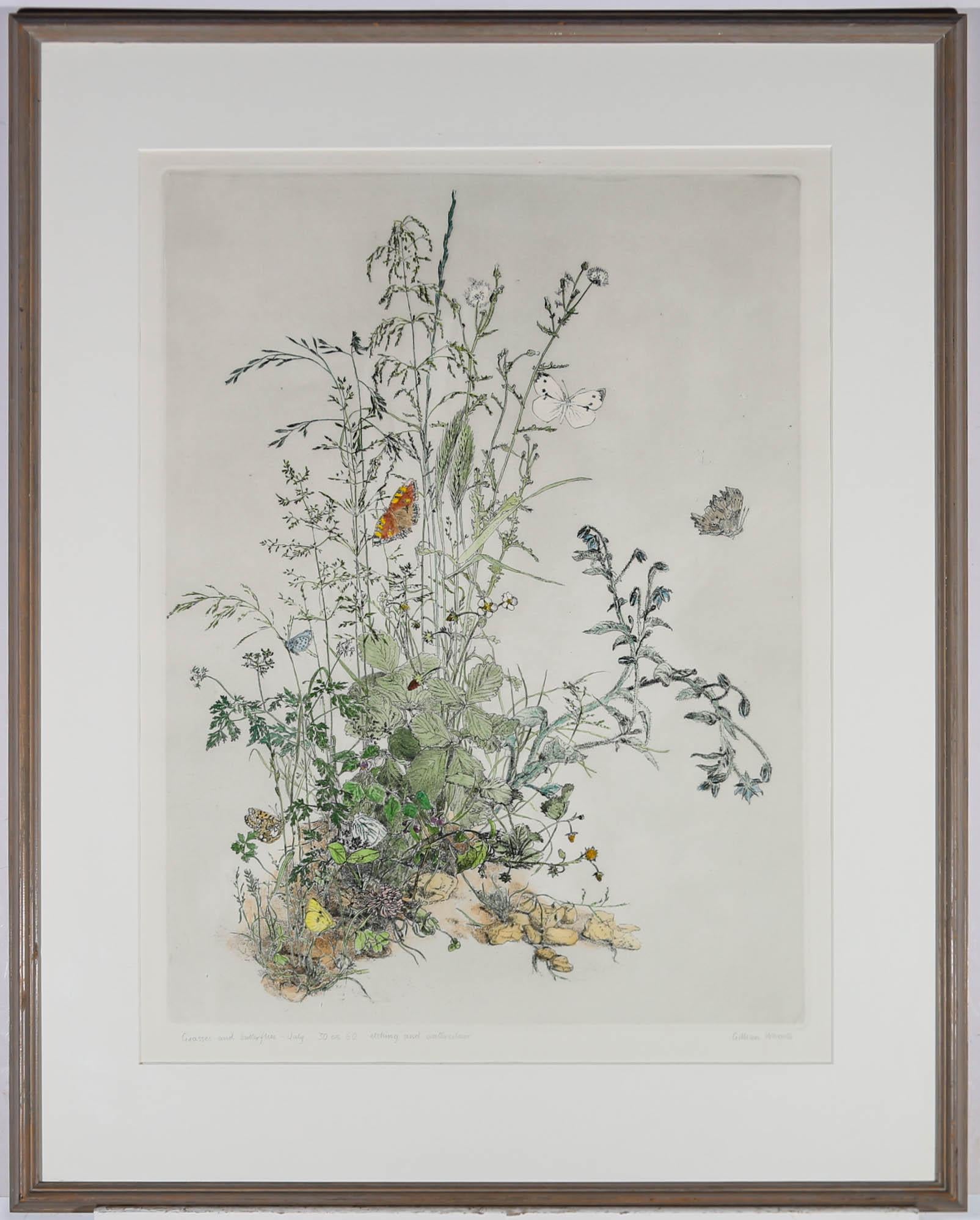 A charming etching with watercolour depicting a small patch of wildflowers with butterflies. Signed and titled below the plate lines. 30/60. Presented in a glazed wooden frame. On paper.
