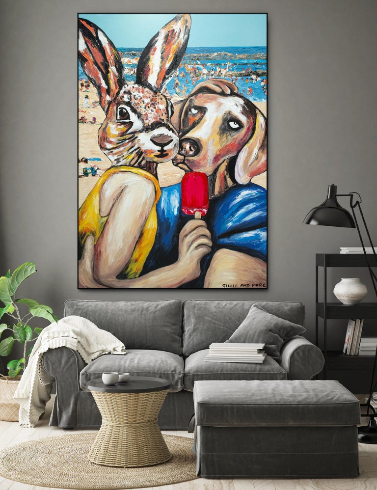 Original Animal Painting - Pop Art - Gillie and Marc - Dog - Rabbit - Beach Kiss - Beige Figurative Painting by Gillie and Marc Schattner