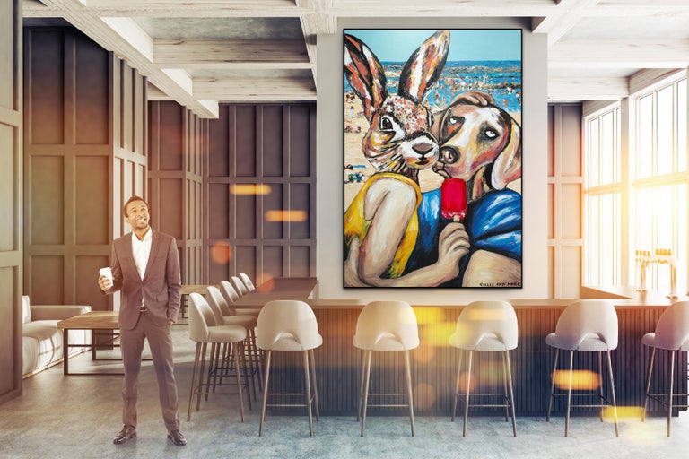 Original Animal Painting - Pop Art - Gillie and Marc - Dog - Rabbit - Beach Kiss For Sale 1