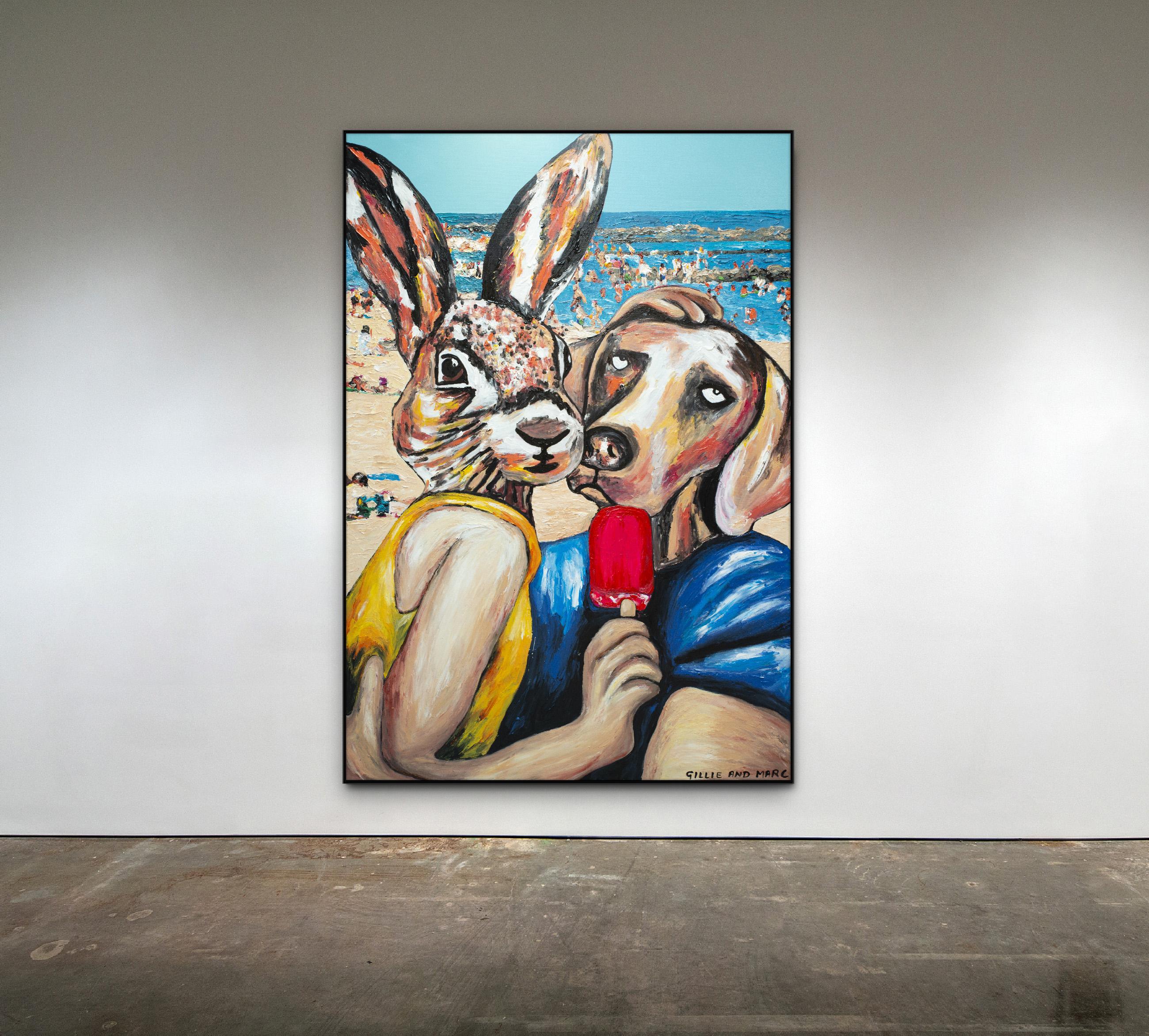 Original Animal Painting - Pop Art - Gillie and Marc - Dog - Rabbit - Beach Kiss - Beige Figurative Painting by Gillie and Marc Schattner