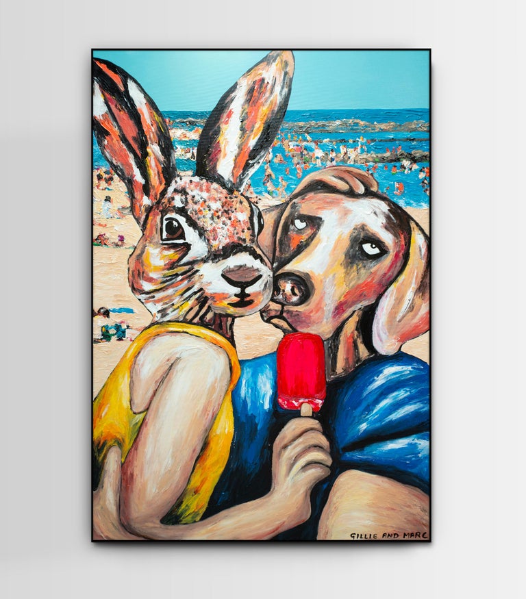 Gillie and Marc Schattner Figurative Painting - Original Animal Painting - Pop Art - Gillie and Marc - Dog - Rabbit - Beach Kiss
