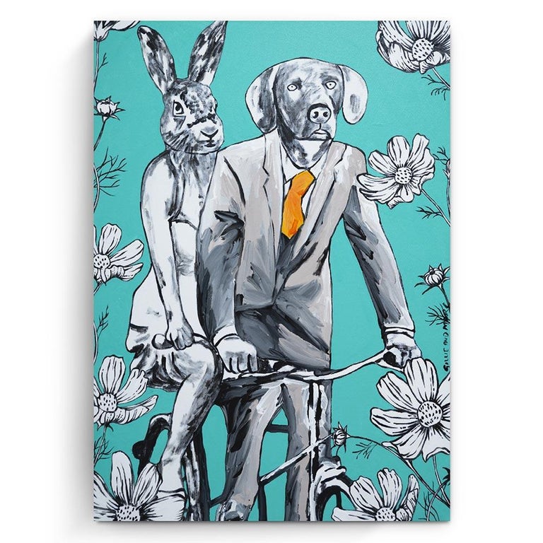Gillie and Marc Schattner Figurative Painting - Original Animal Painting - Pop - Gillie and Marc - Dog - Rabbit Bicycle Flowers