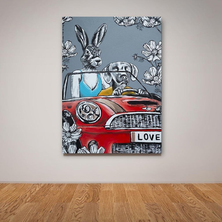 Original Animal Painting - Pop - Gillie and Marc - Dog - Rabbit - Car Grey  For Sale 1