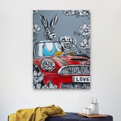 Original Painting - Pop Art - Gillie and Marc - Dog - Rabbit - Car Grey  Flowers