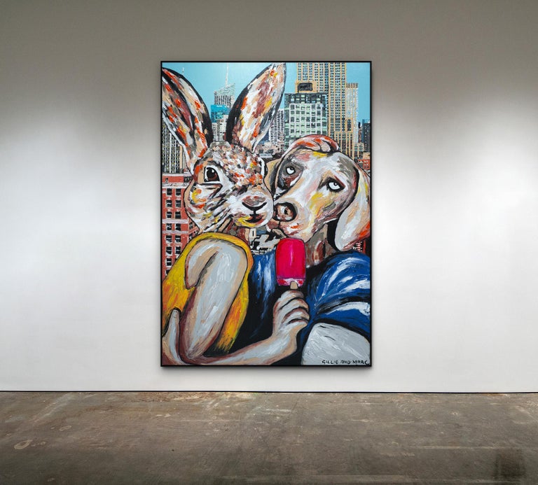 Original Animal Painting - Pop Art - Gillie and Marc - Dog - Rabbit - City Love For Sale 1