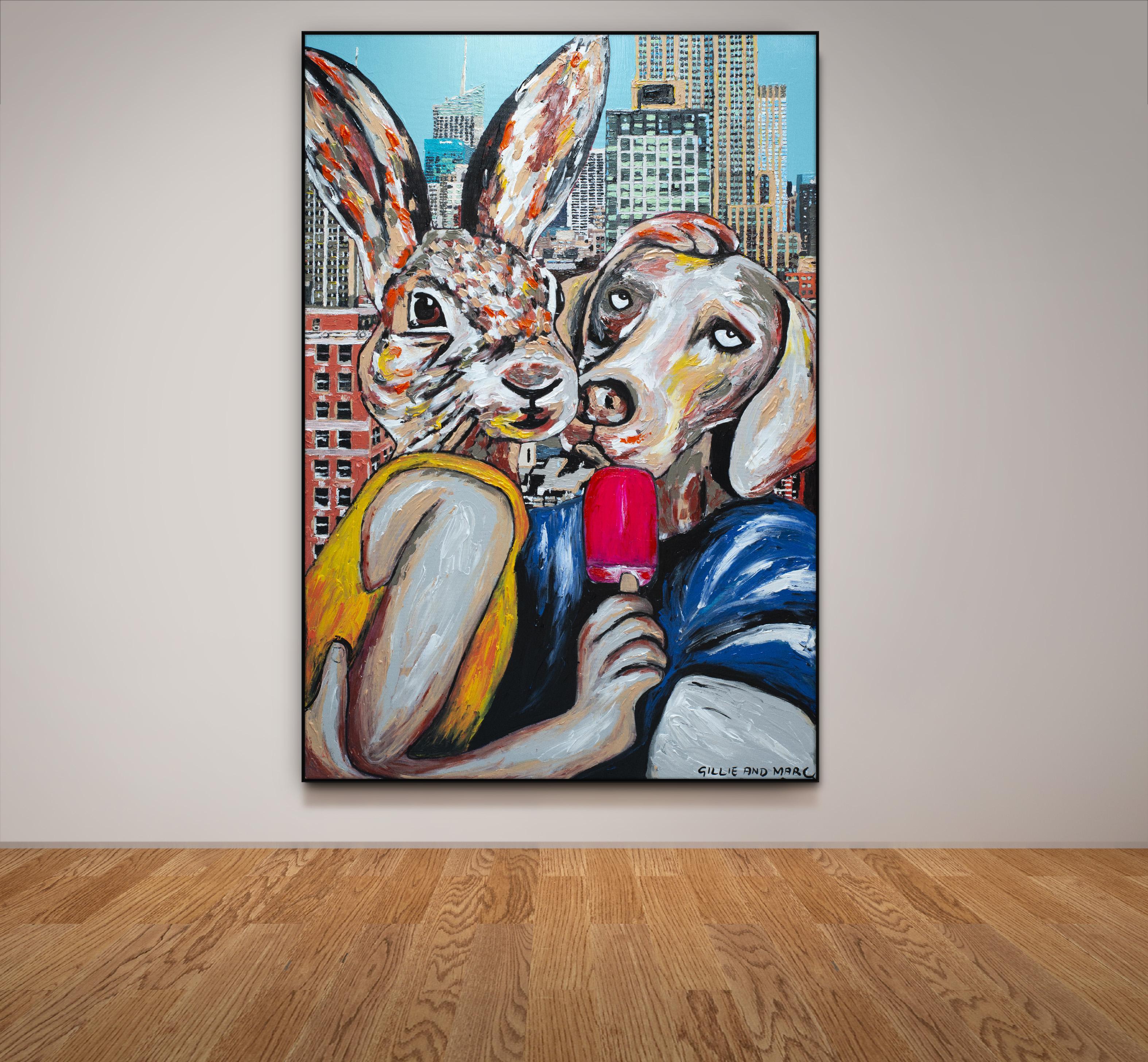 Original Animal Painting - Pop Art - Gillie and Marc - Dog - Rabbit - City Love For Sale 1